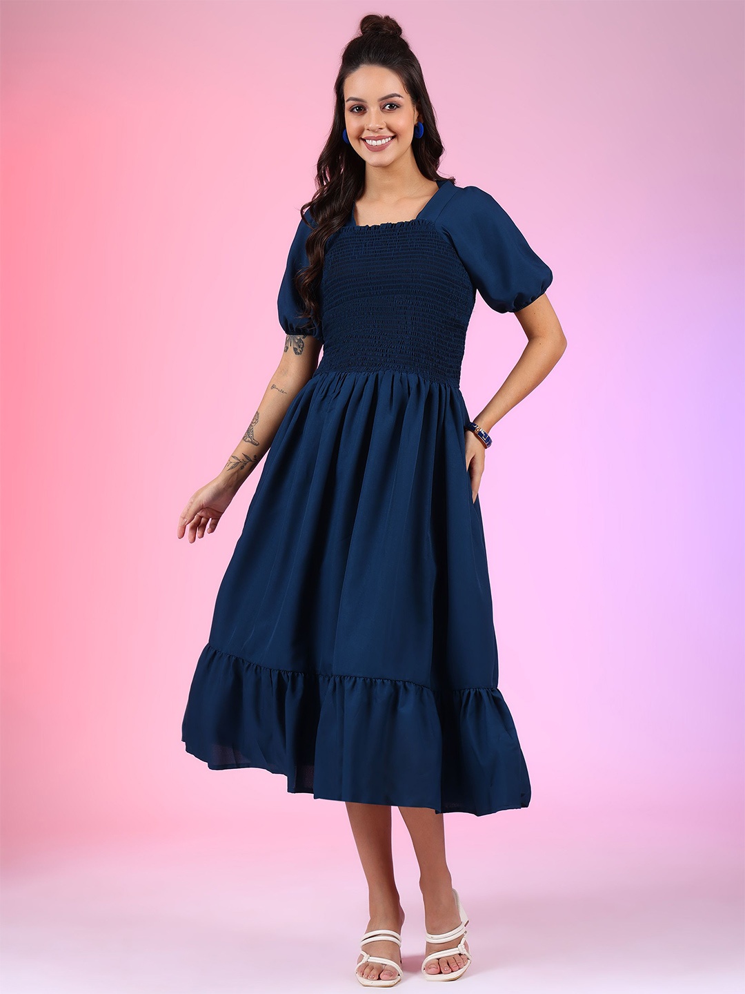 

Raiyani Enterprise Smocked Detail Fit & Flare Dress, Navy blue