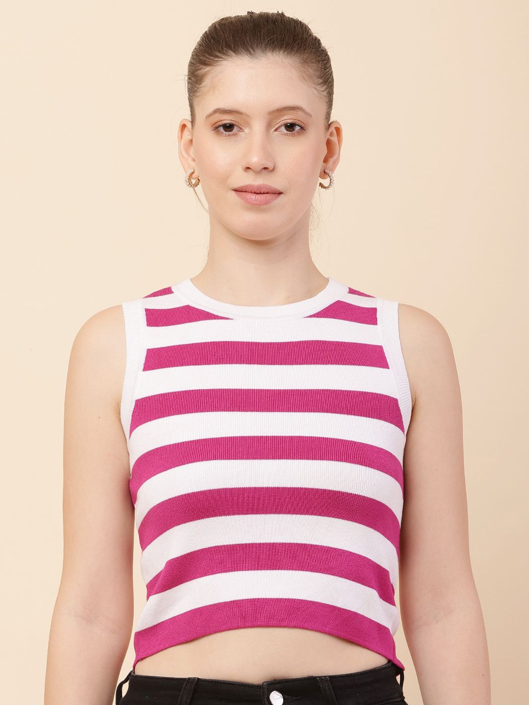 

NoBarr Women Striped Fitted Crop Top, Pink