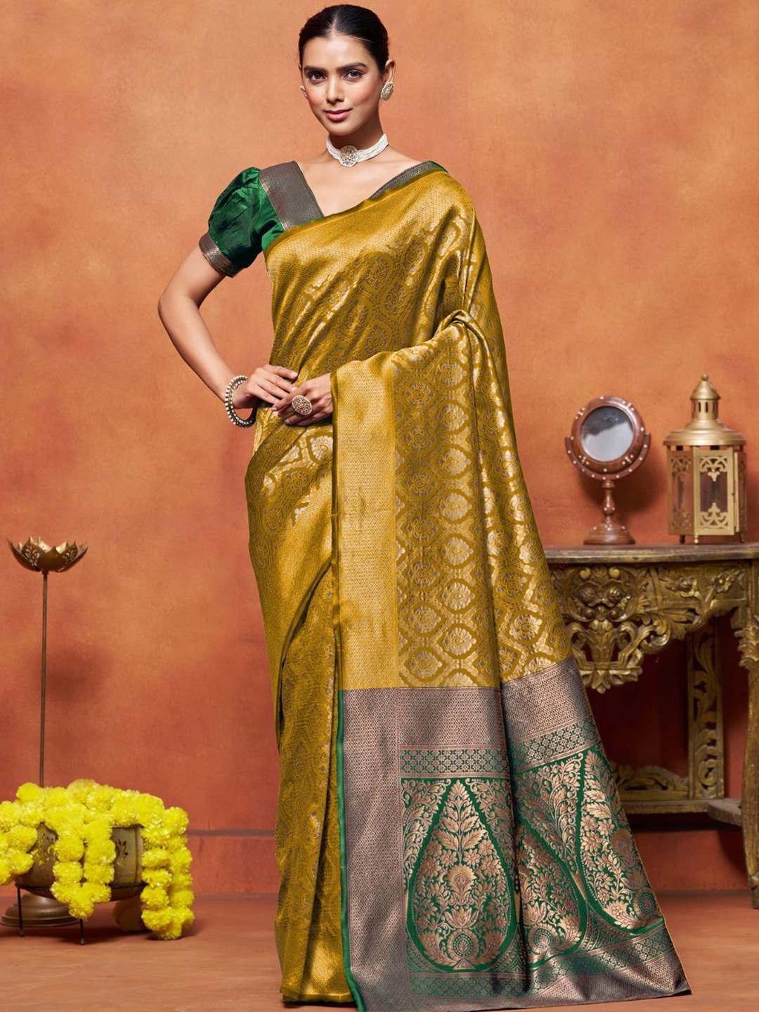 

KALINI Ethnic Motifs Zari Traditional Banarasi Saree, Mustard