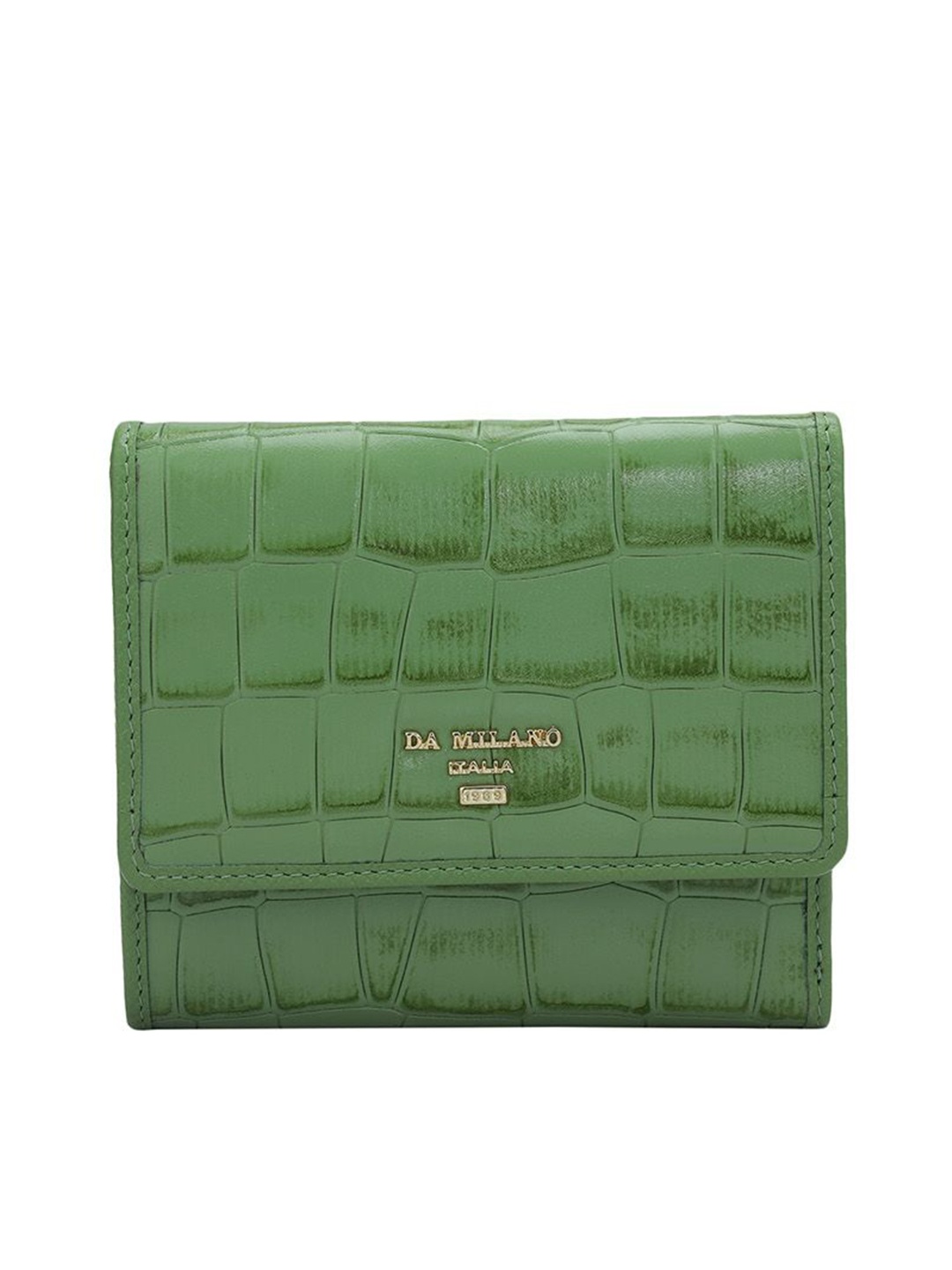 

Da Milano Women Brand Logo Textured Leather Three Fold Wallet, Green