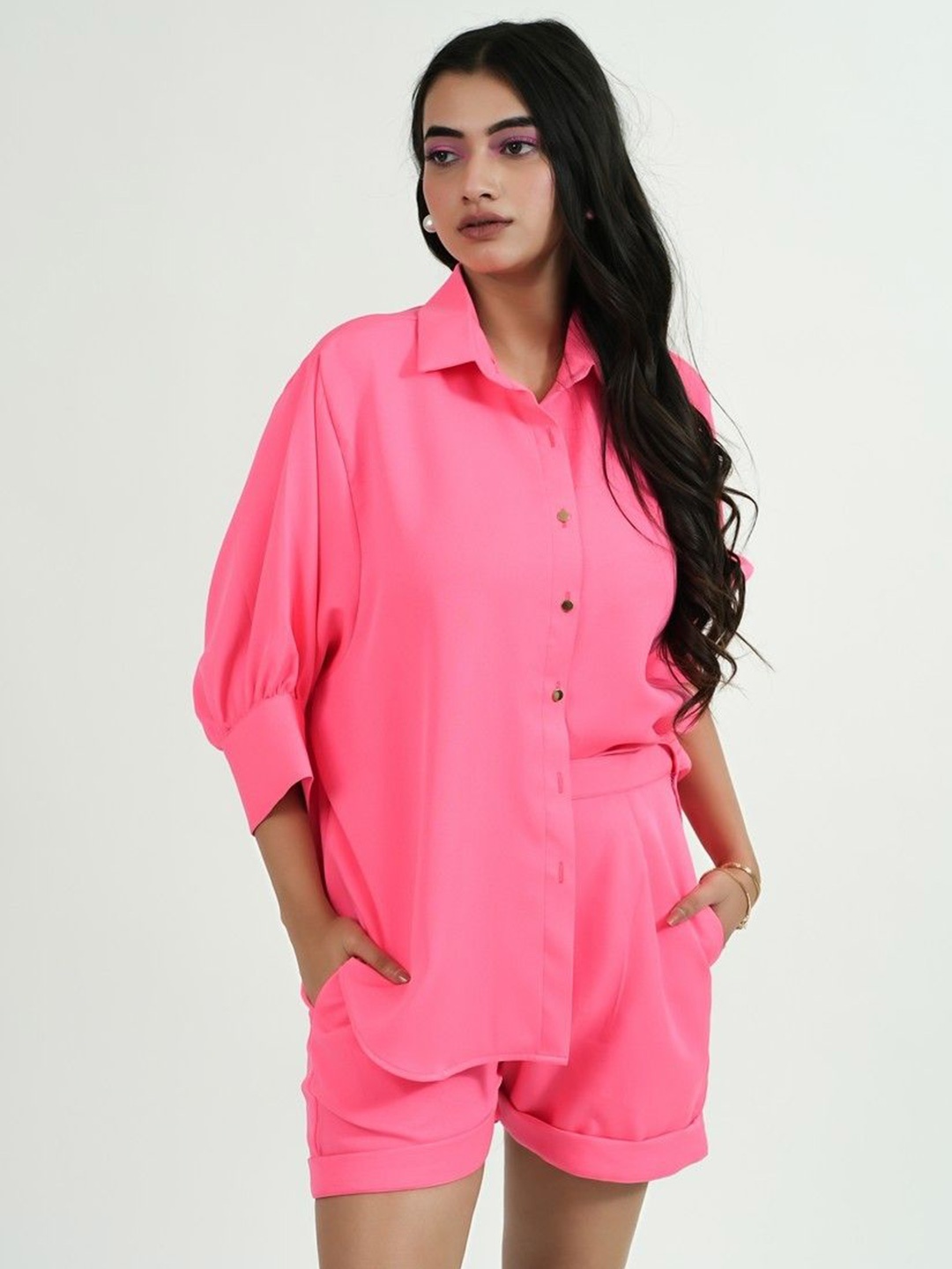 

KINA Shirt Collar Three-Quarter Sleeves Shirt With Shorts, Pink