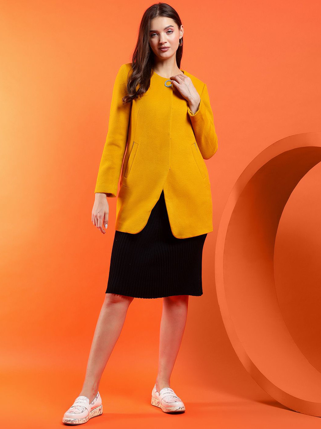 

Stylecast X Kotty Women Round Neck Overcoat, Yellow