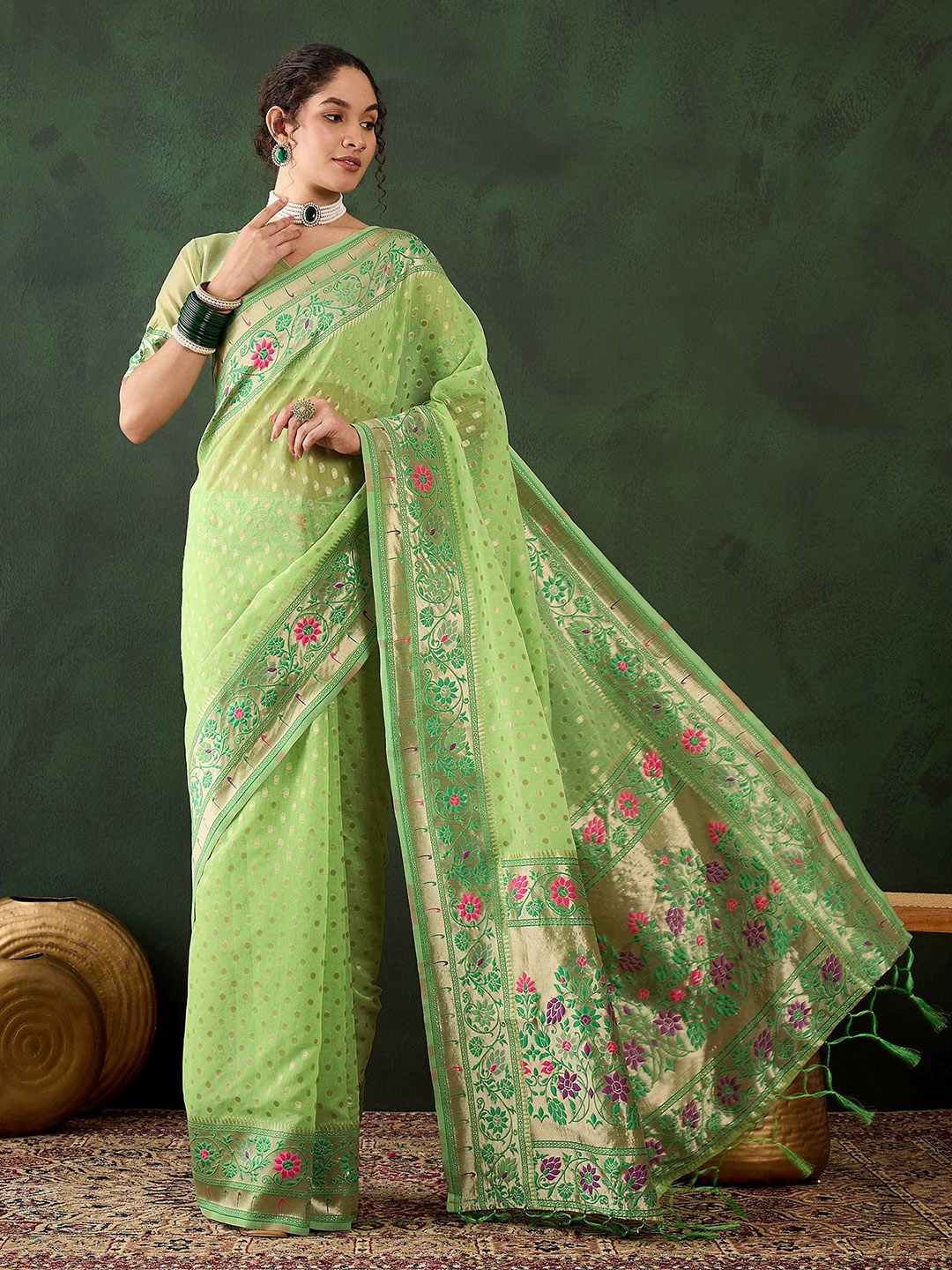 

Kalista Floral Zari Saree, Green