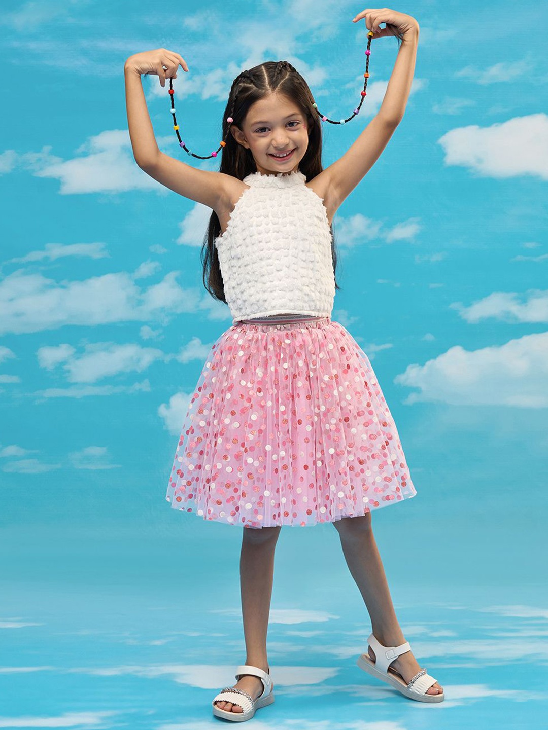 

LIL DRAMA Girls Self Design Top with Skirt, White