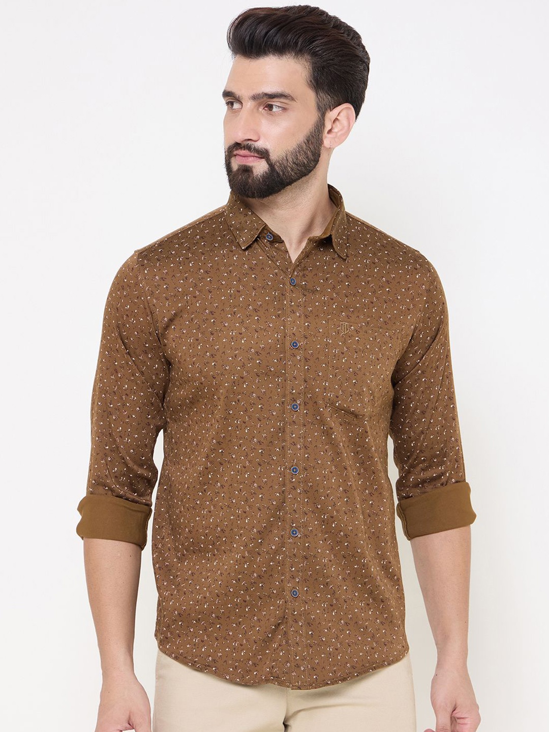 

Duke Men Spread Collar Floral Printed Cotton Slim Fit Casual Shirt, Brown