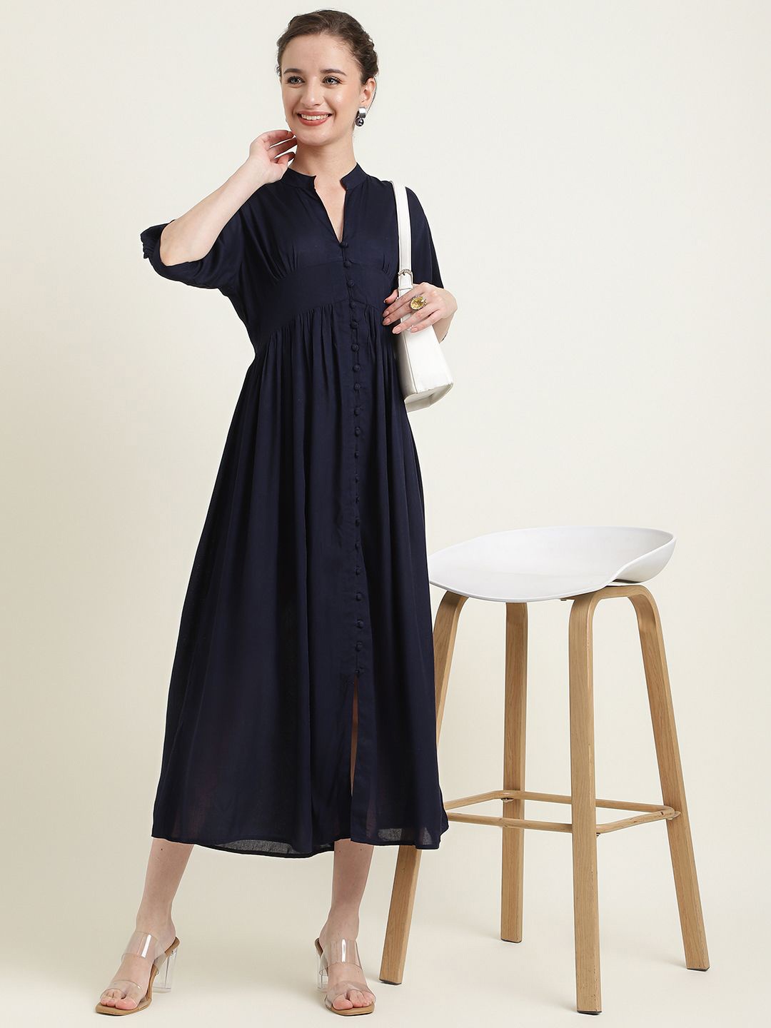 

ZARI Women Mandarin Collar A-Line Midi Dress, Blue