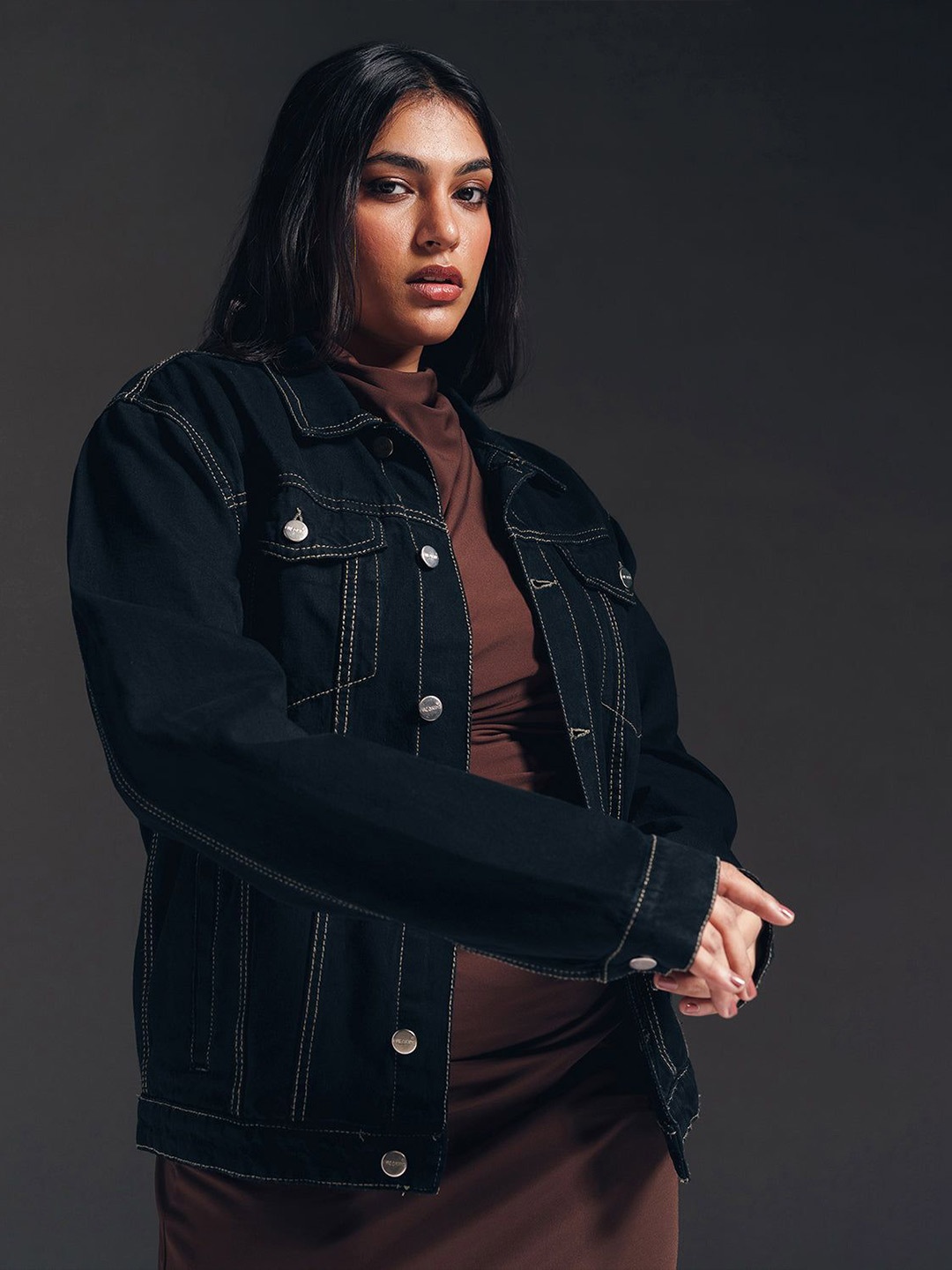 

FREAKINS Women Spread Collar Solid Cotton Casual Denim Jacket, Black