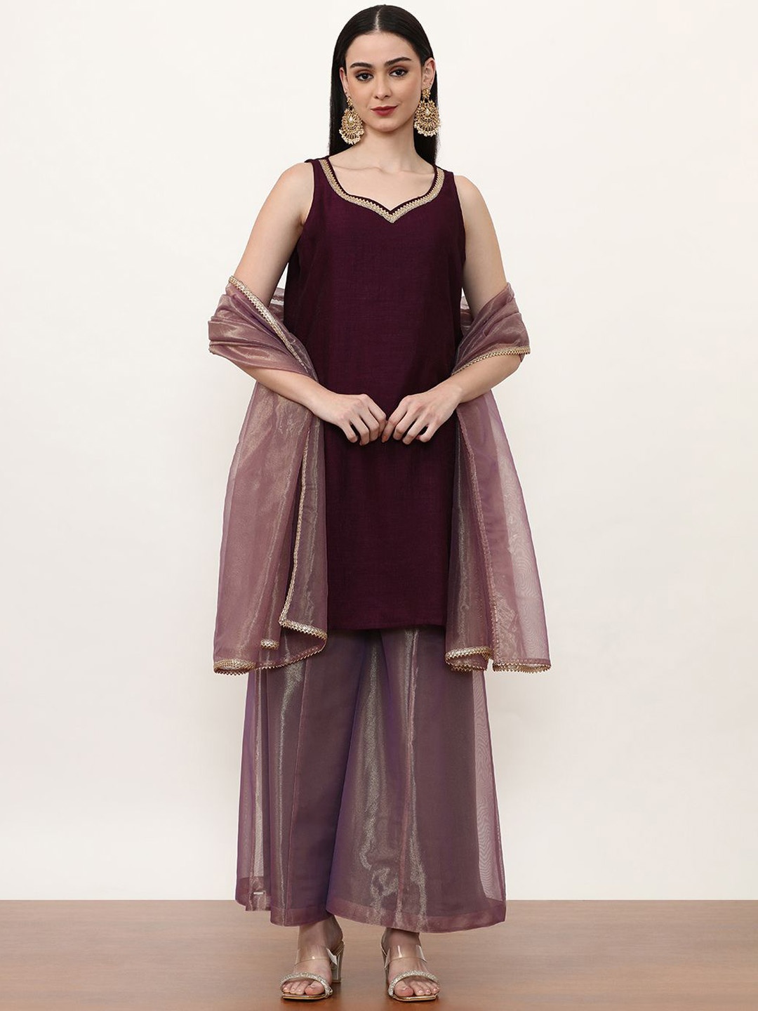 

Jaipur Kurti Burgundy Ethnic Motifs Embroidered Straight Kurta With Sharara & Dupatta