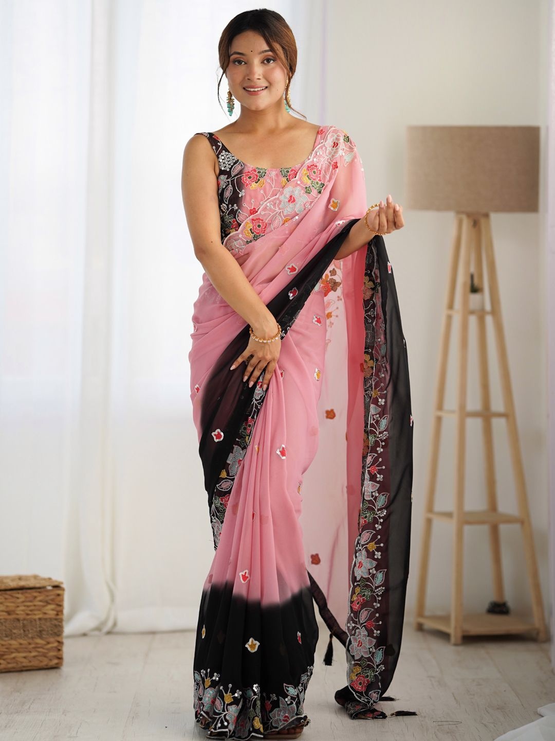 

Panzora Floral Sequinned Poly Georgette Designer Saree, Black