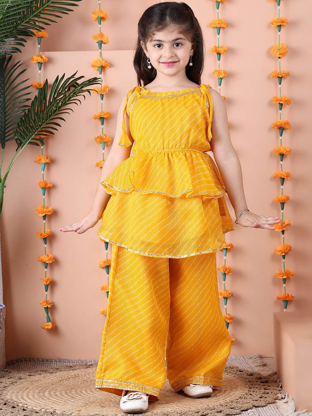 

NEUDIS Girls Striped Tiered Gotta Patti Kurta with Palazzos, Yellow