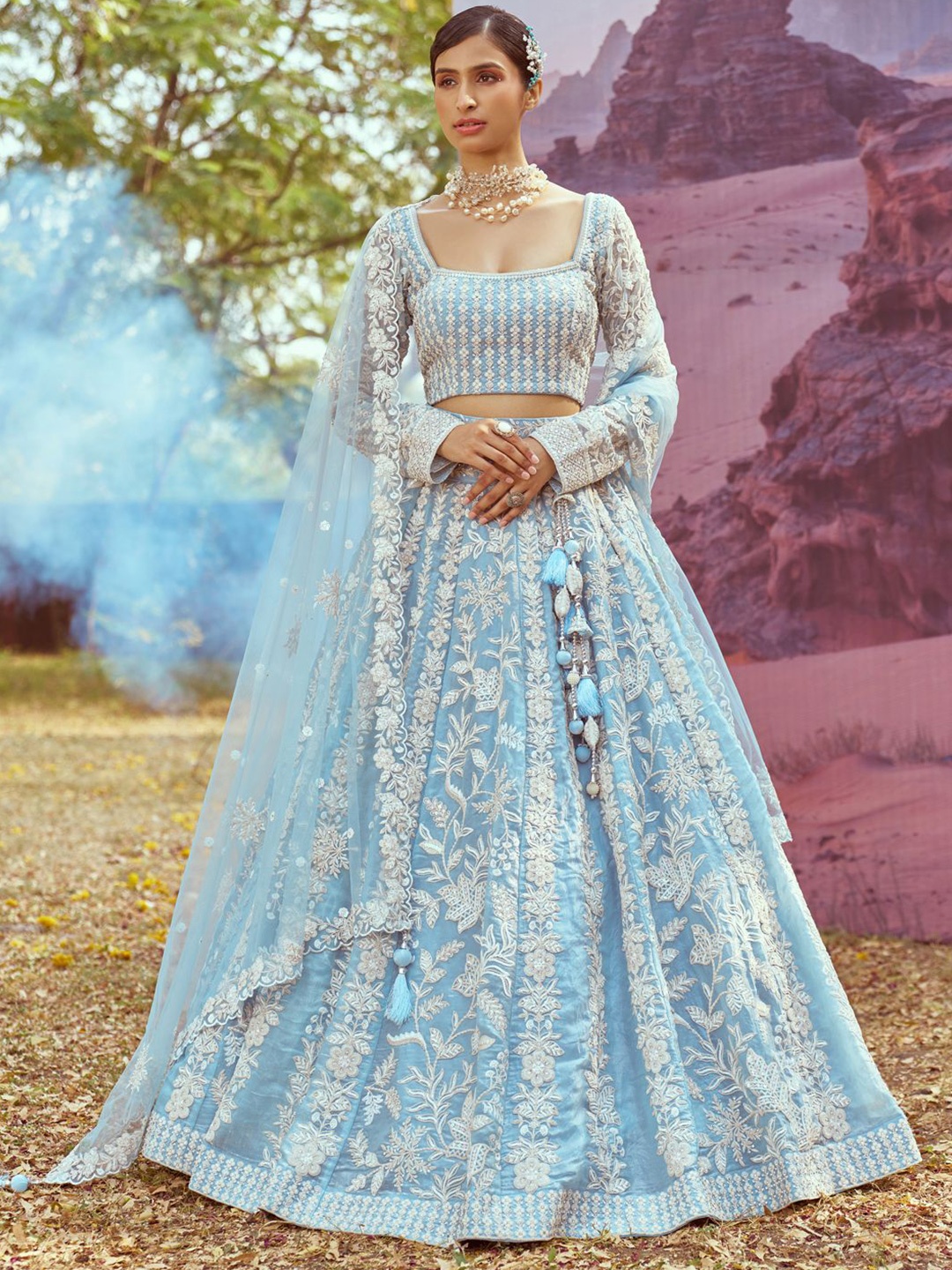 

panchhi Embellished Beads & Stones Semi-Stitched Lehenga & Unstitched Blouse With Dupatta, Blue