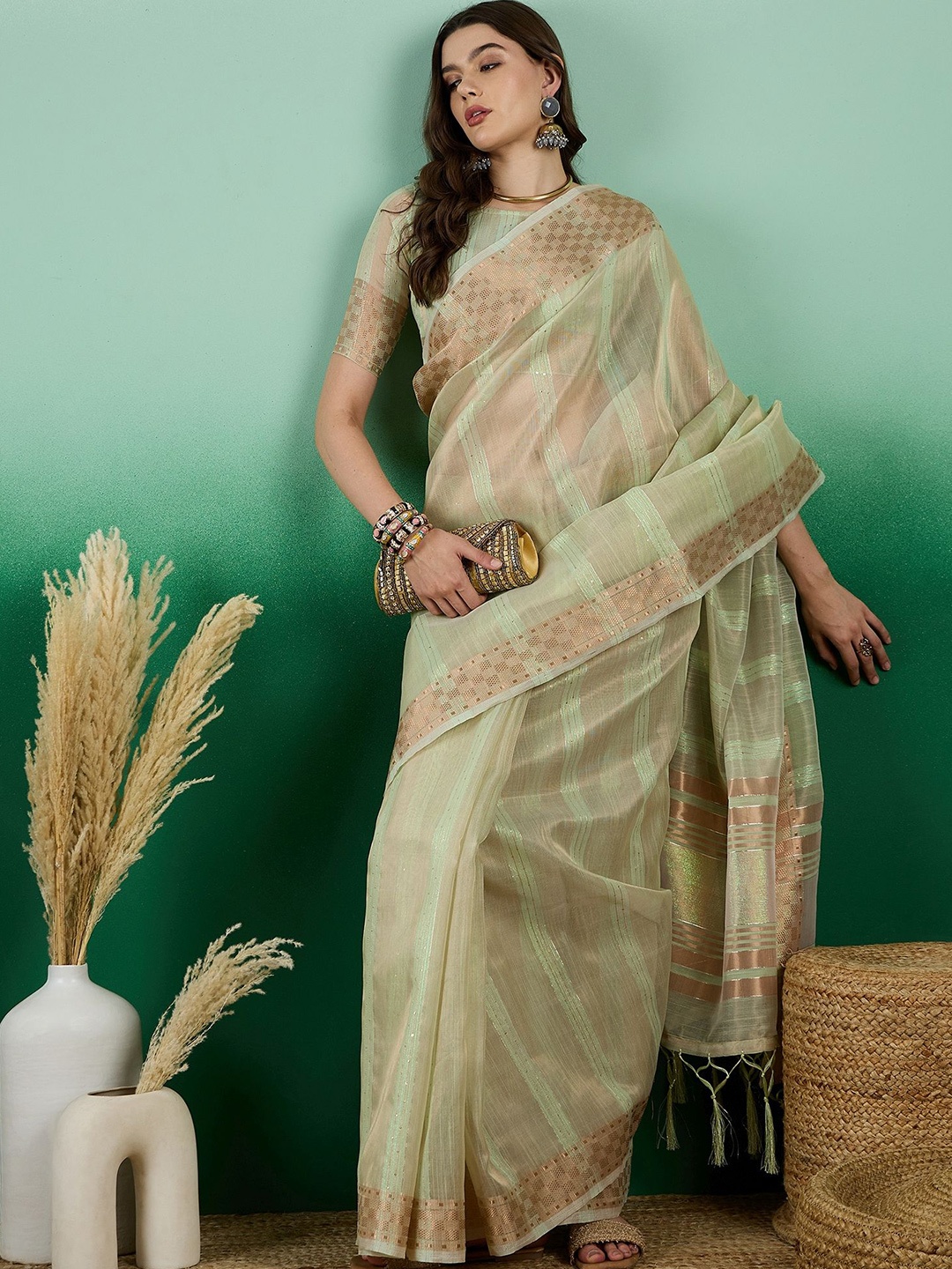 

Kalista Woven Design Zari Organza Saree, Yellow
