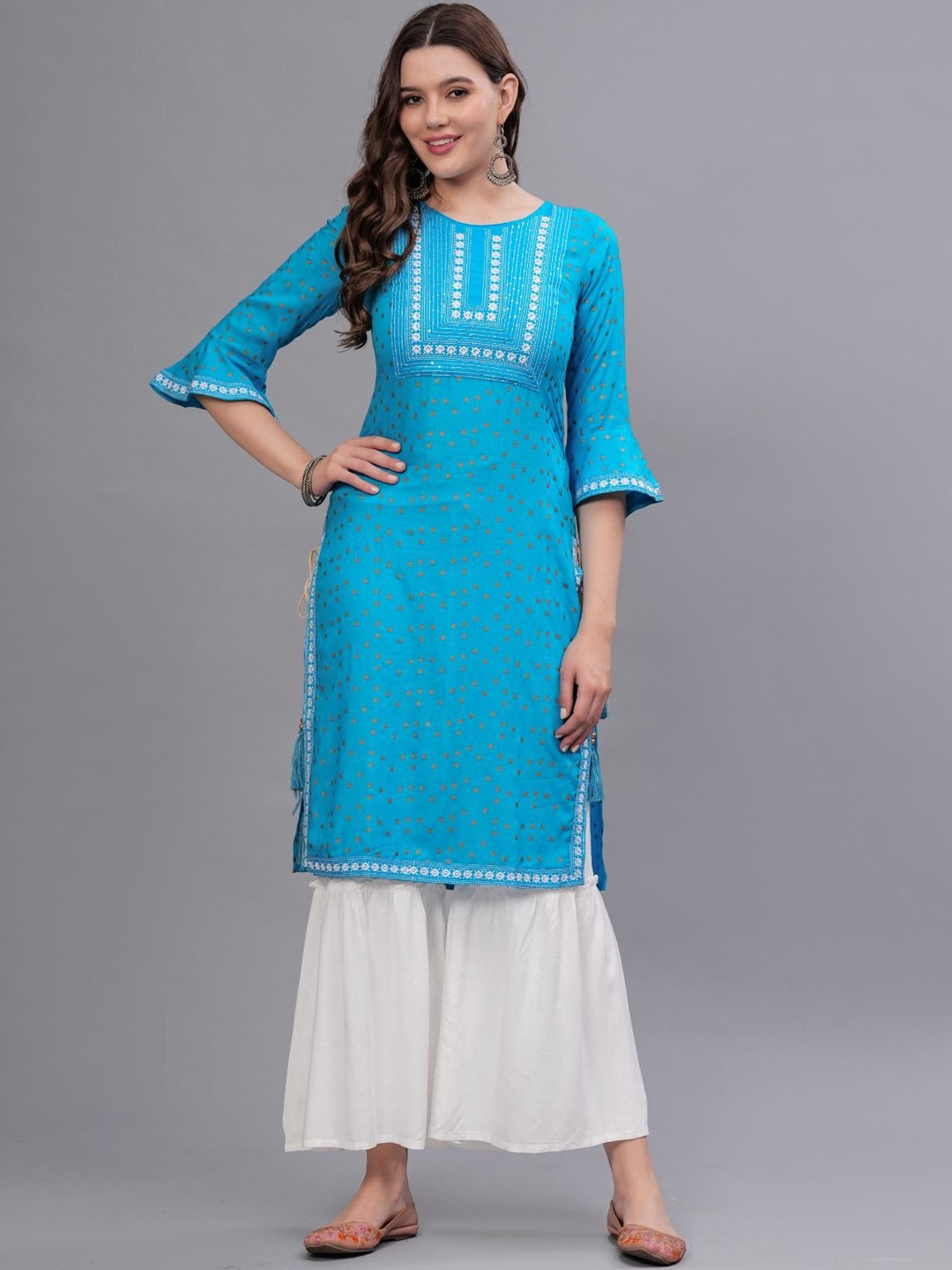 

MAUKA Ethnic Motifs Printed Sequinned Straight Kurta With Sharara, Blue