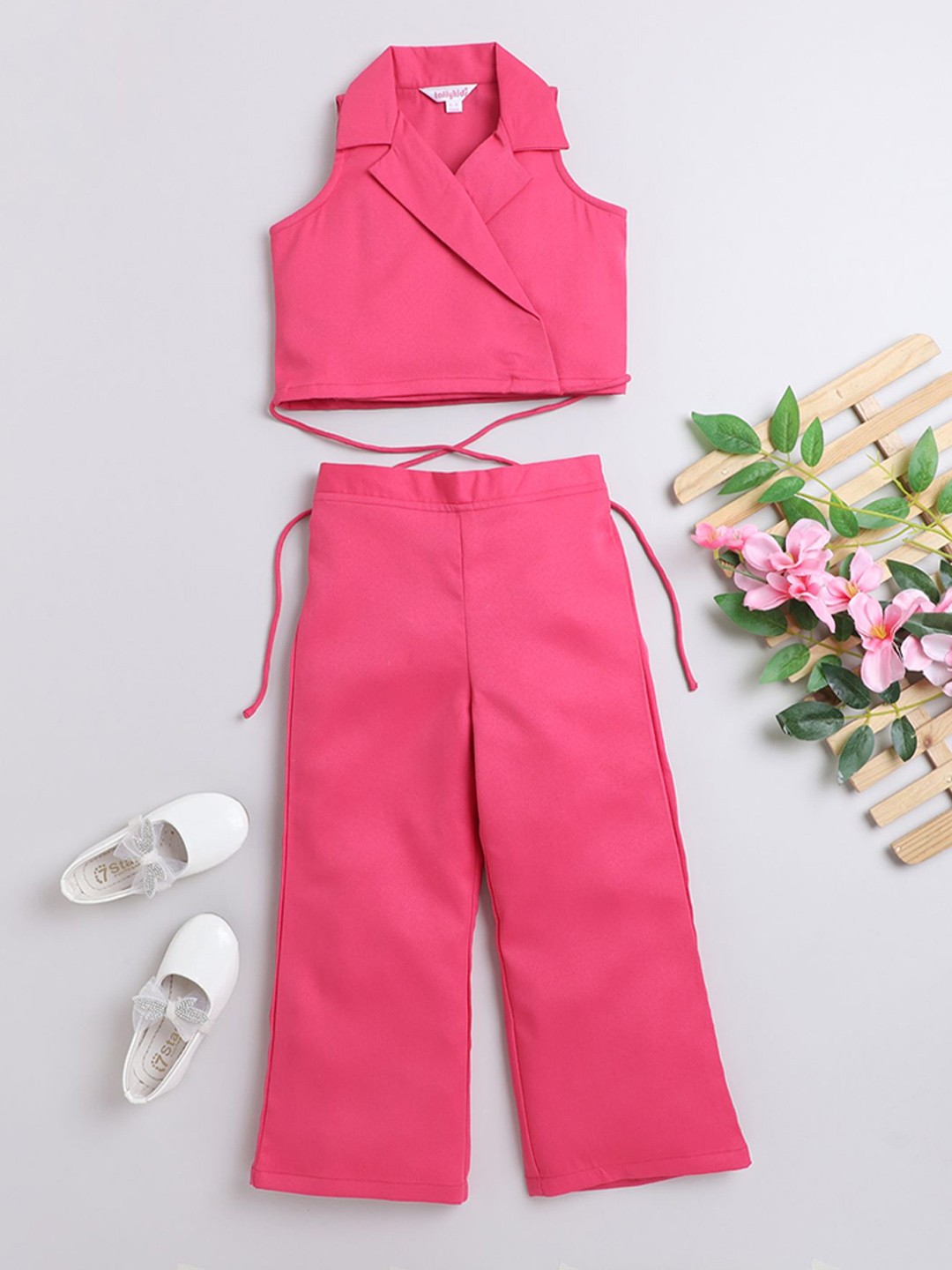 

taffykids Girls Shirt Collar Crop Blazer With Trousers, Pink