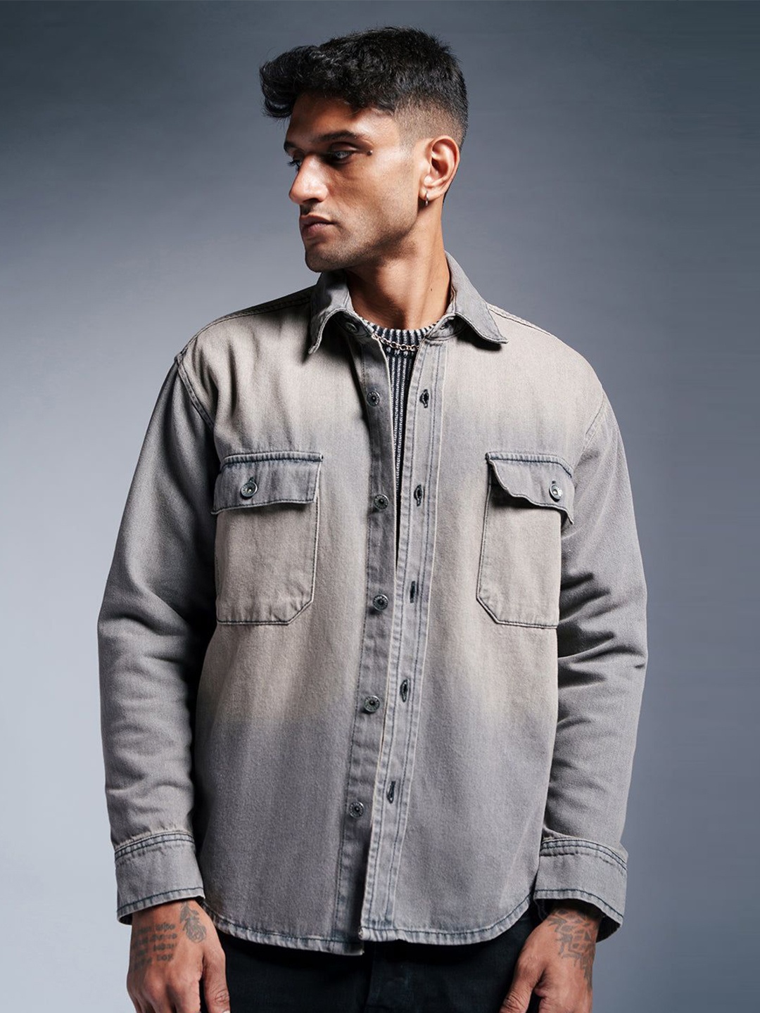 

FREAKINS Men Washed Denim Jacket with Patchwork, Grey