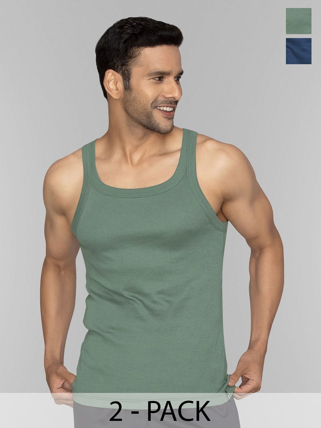 

XYXX Men Pack Of 2 Cotton Round Neck Gym Vest, Olive