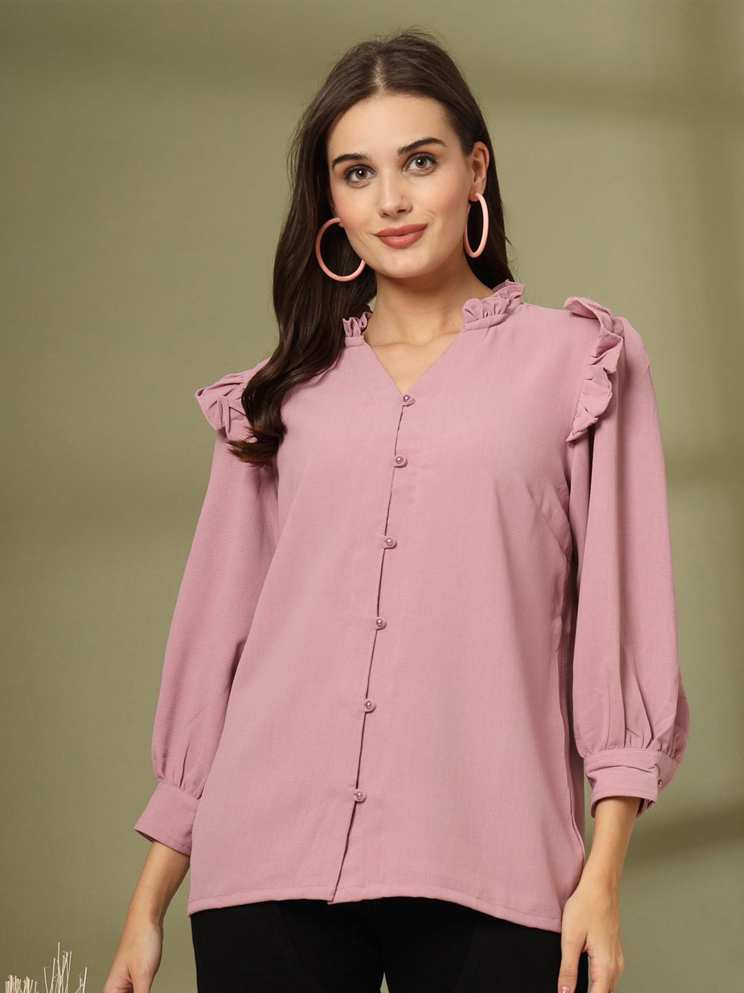 

plusS Women Cotton Cuffed Sleeves Shirt Style Top, Pink