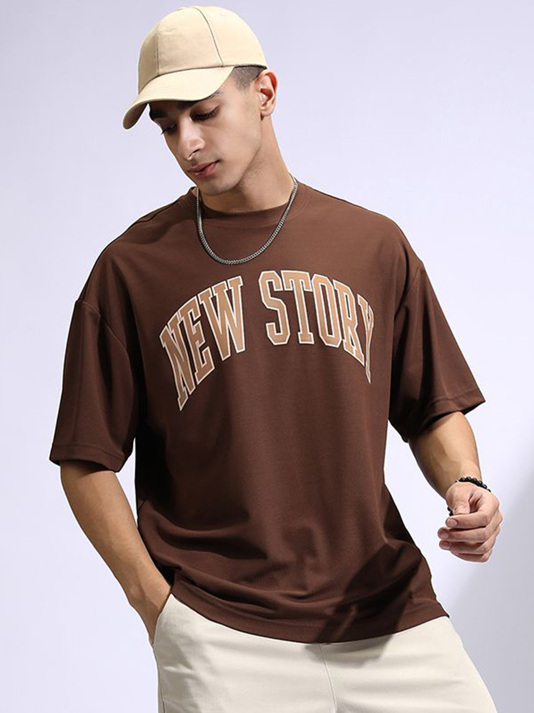 

HIGHLANDER Men Round Neck Half Sleeve Oversized Fit Tshirt, Brown