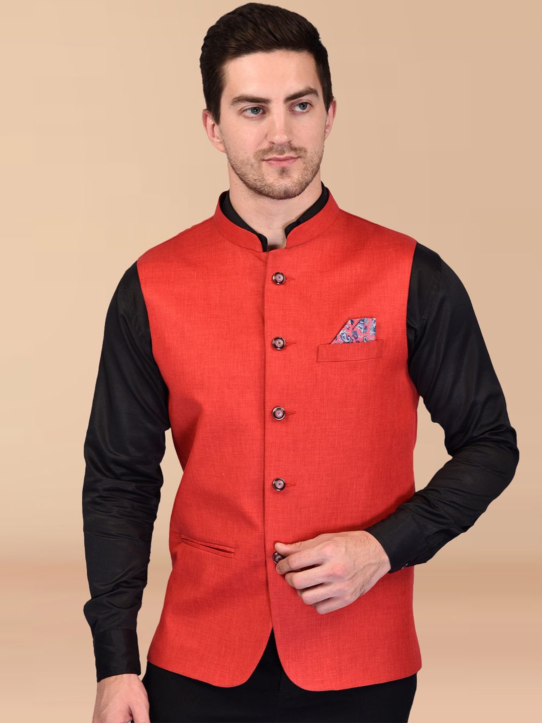 

PRINTINDIA Men Mandarin Collar Nehru Jackets, Red