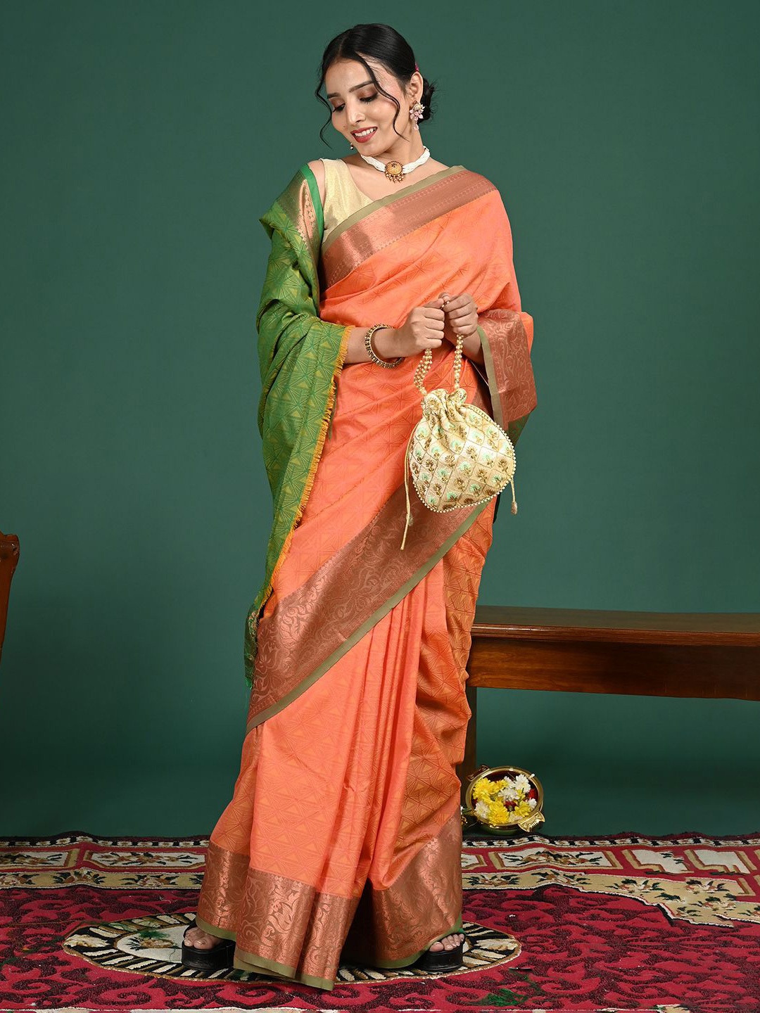 

HELLA FASHIONS Woven Design Zari Art Silk Saree, Orange