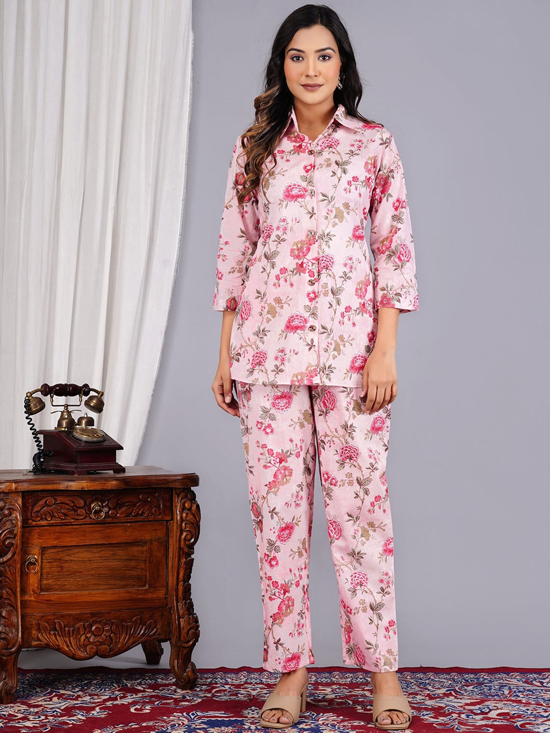 

Lovista Floral Printed Pure Cotton Shirt & Trousers, Pink