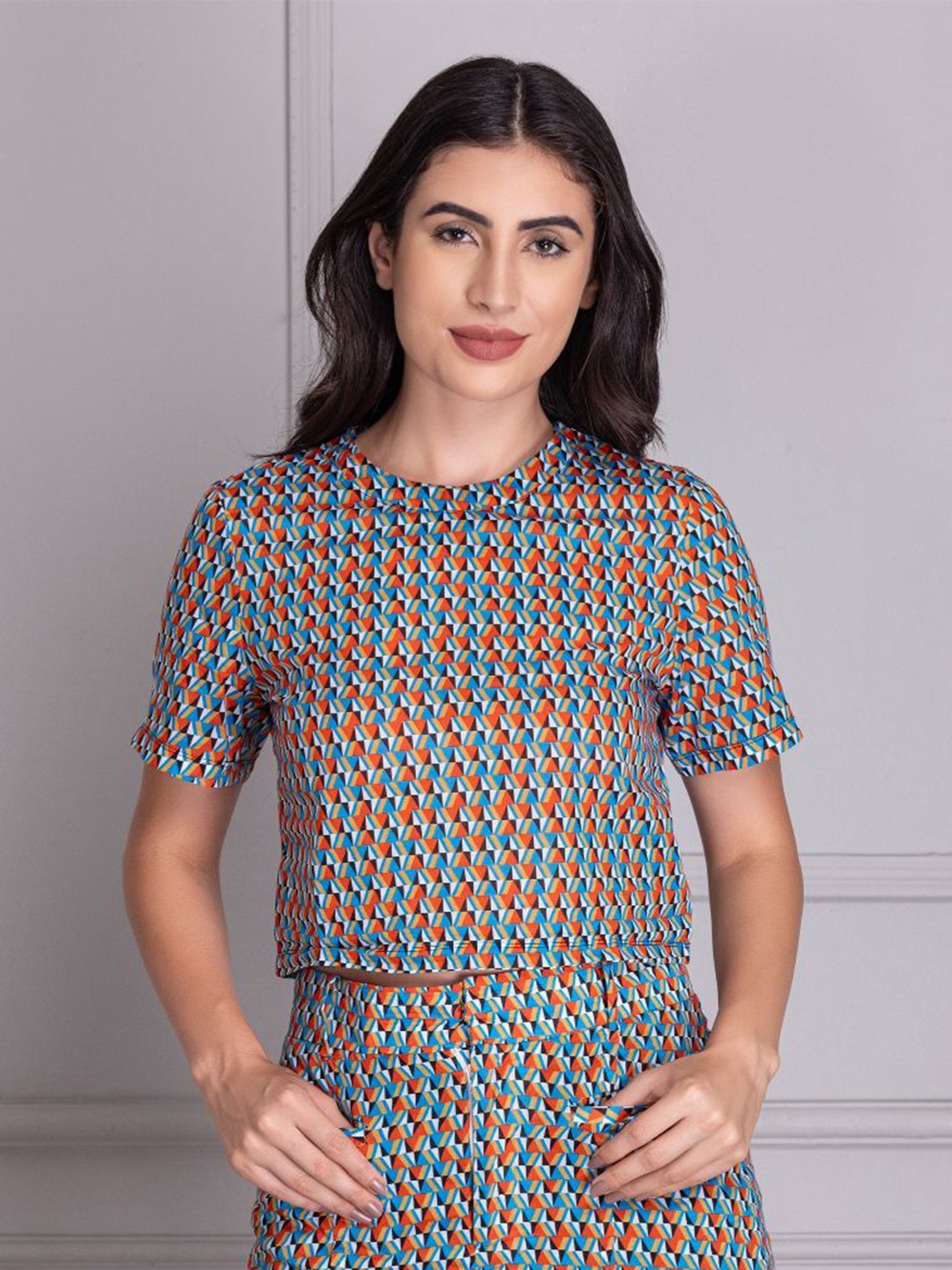 

DESIGNS BY QUEEN BEE Women Geometric Printed Cotton Top, Blue