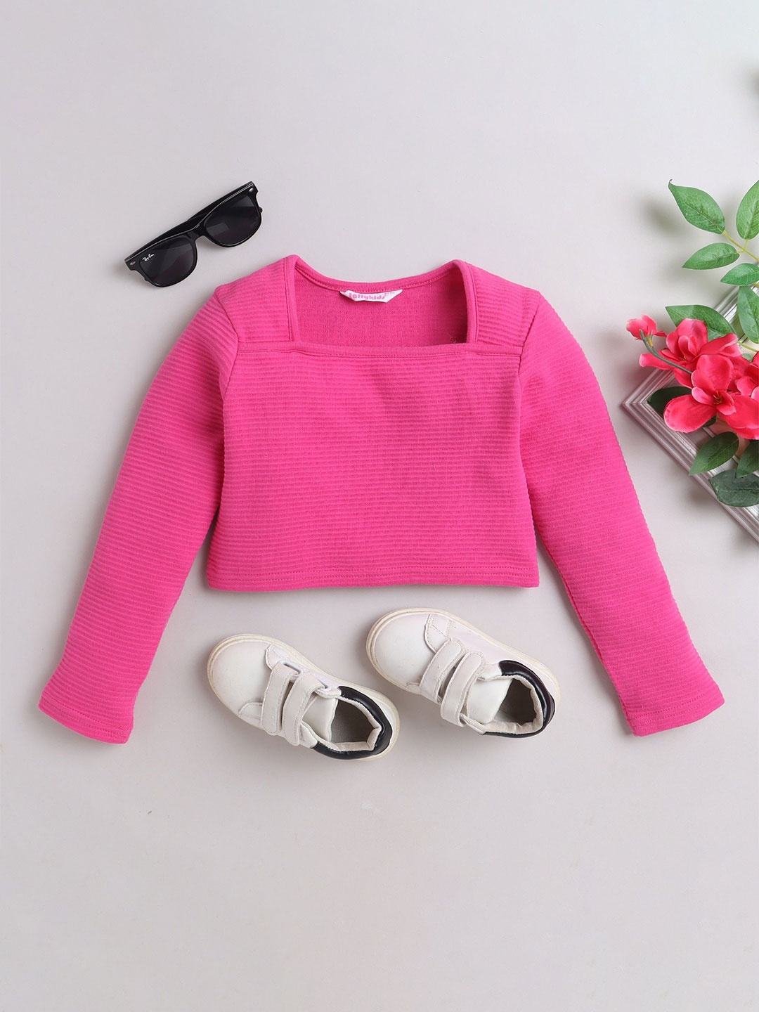

taffykids Striped Extended Sleeves Top, Pink