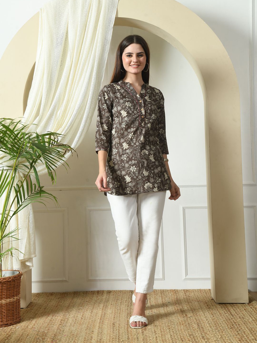 

KALINI Mandarin Collar Printed Tunic, Grey
