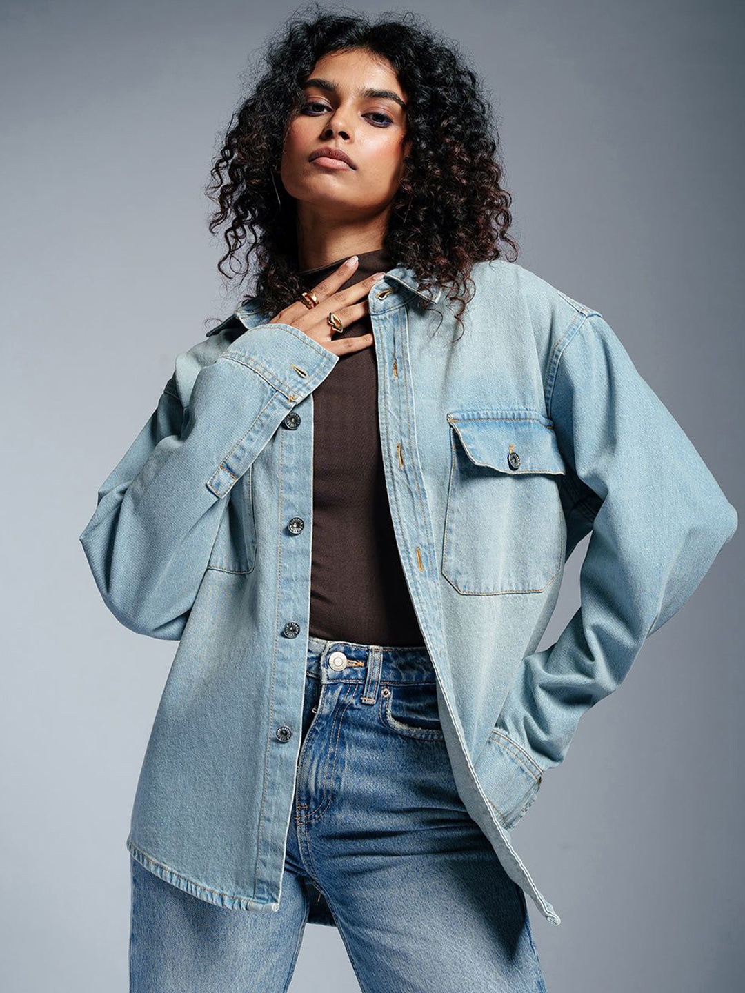 

FREAKINS Women Spread Collar Washed Solid Casual Denim Jacket, Blue