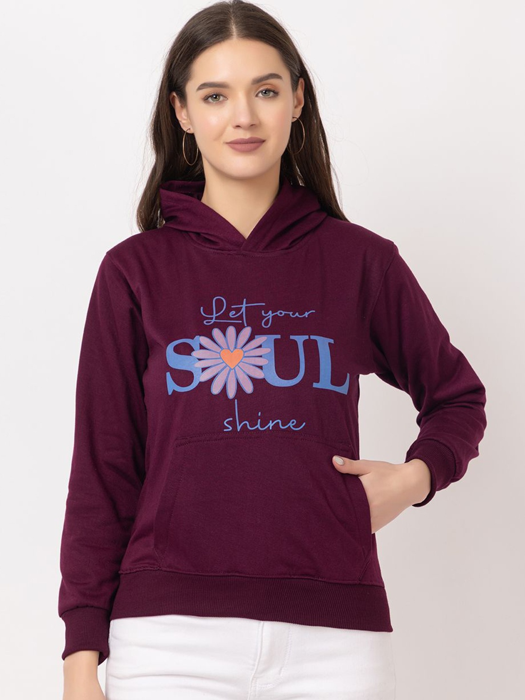 

Deefab Women Typography Printed Hooded Sweatshirt, Purple
