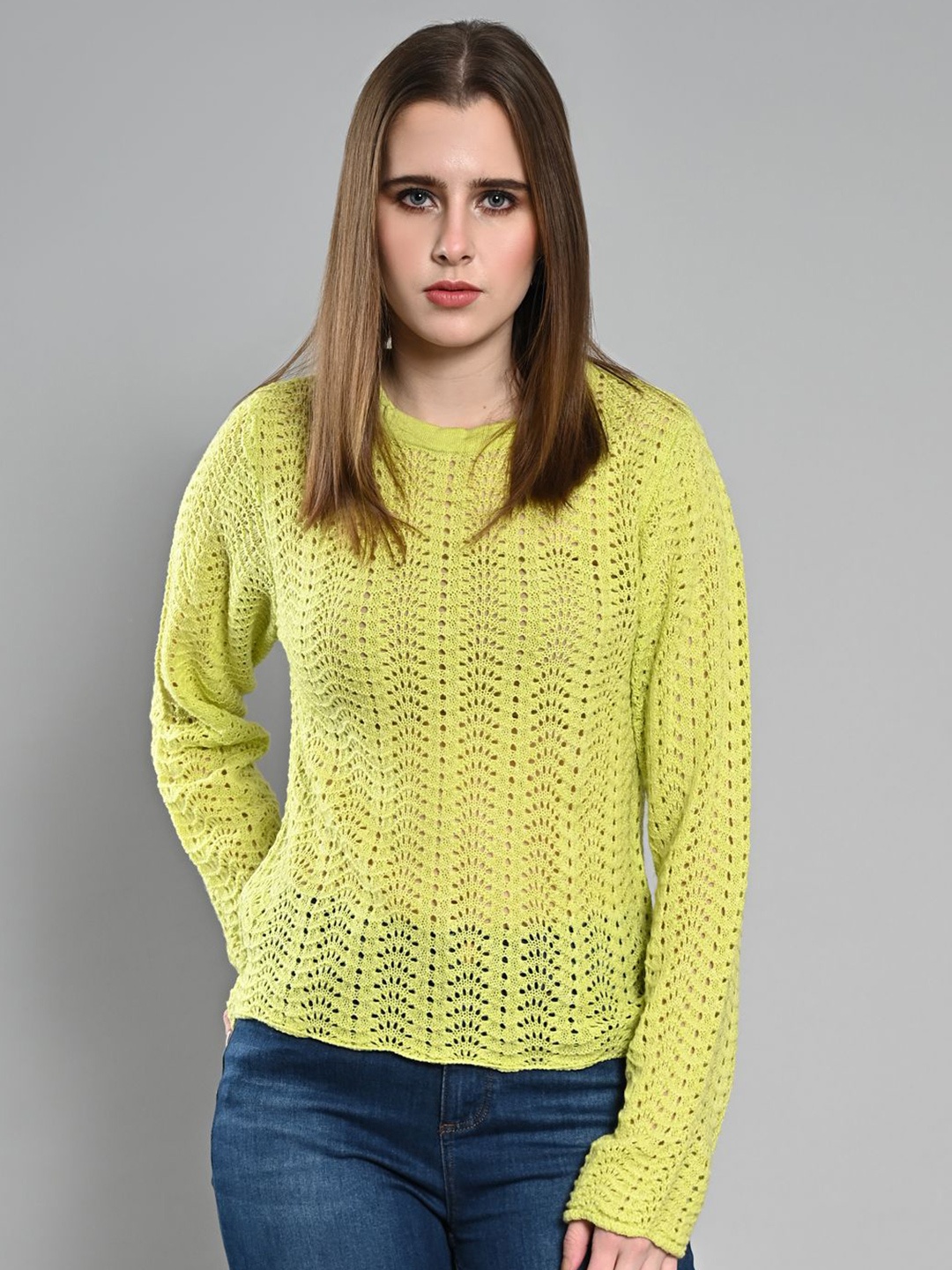 

IZEL Women Round Neck Pullover Sweater, Lime green