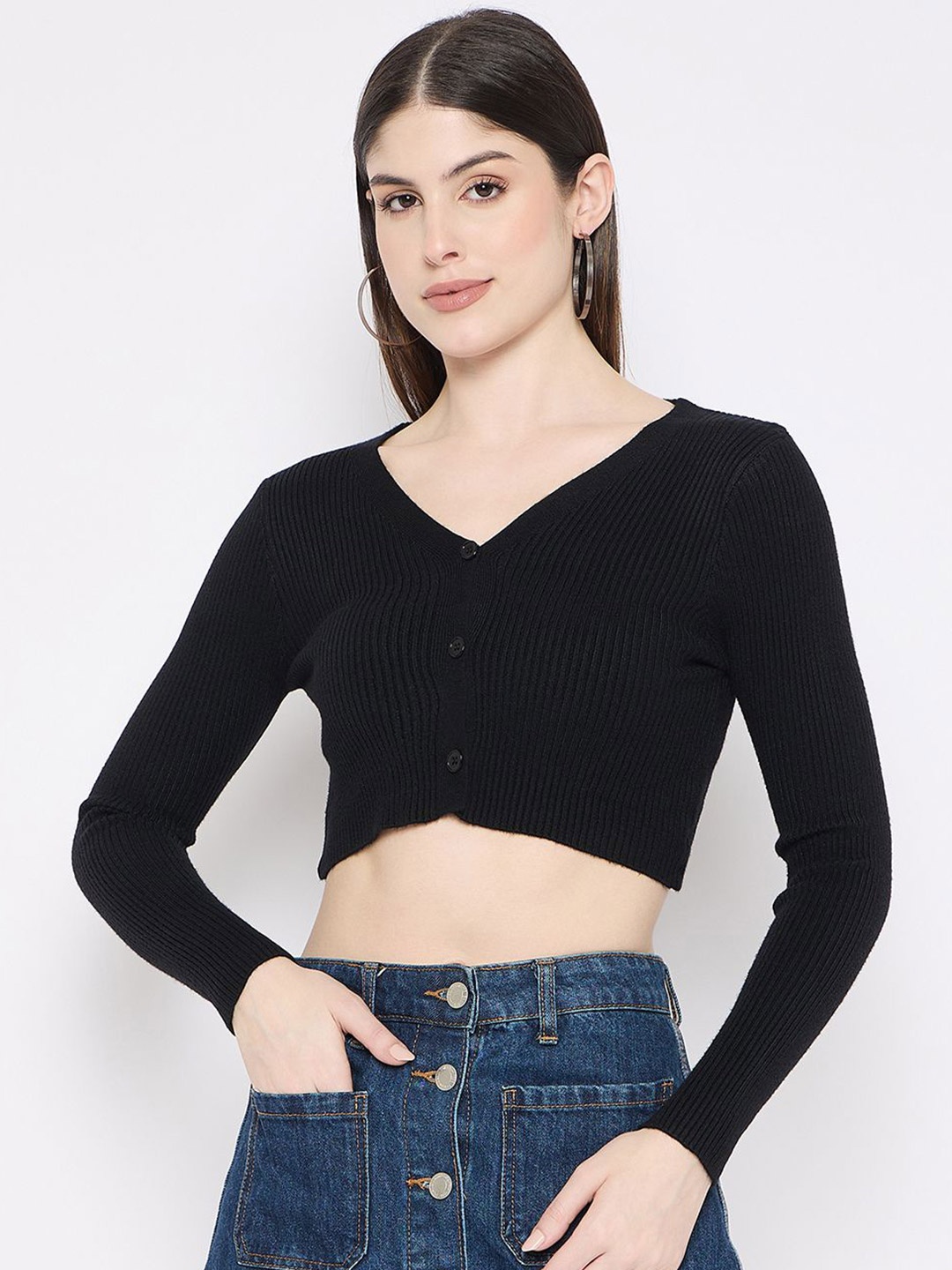 

Camey Women Woollen Ribbed Crop Cardigan, Black