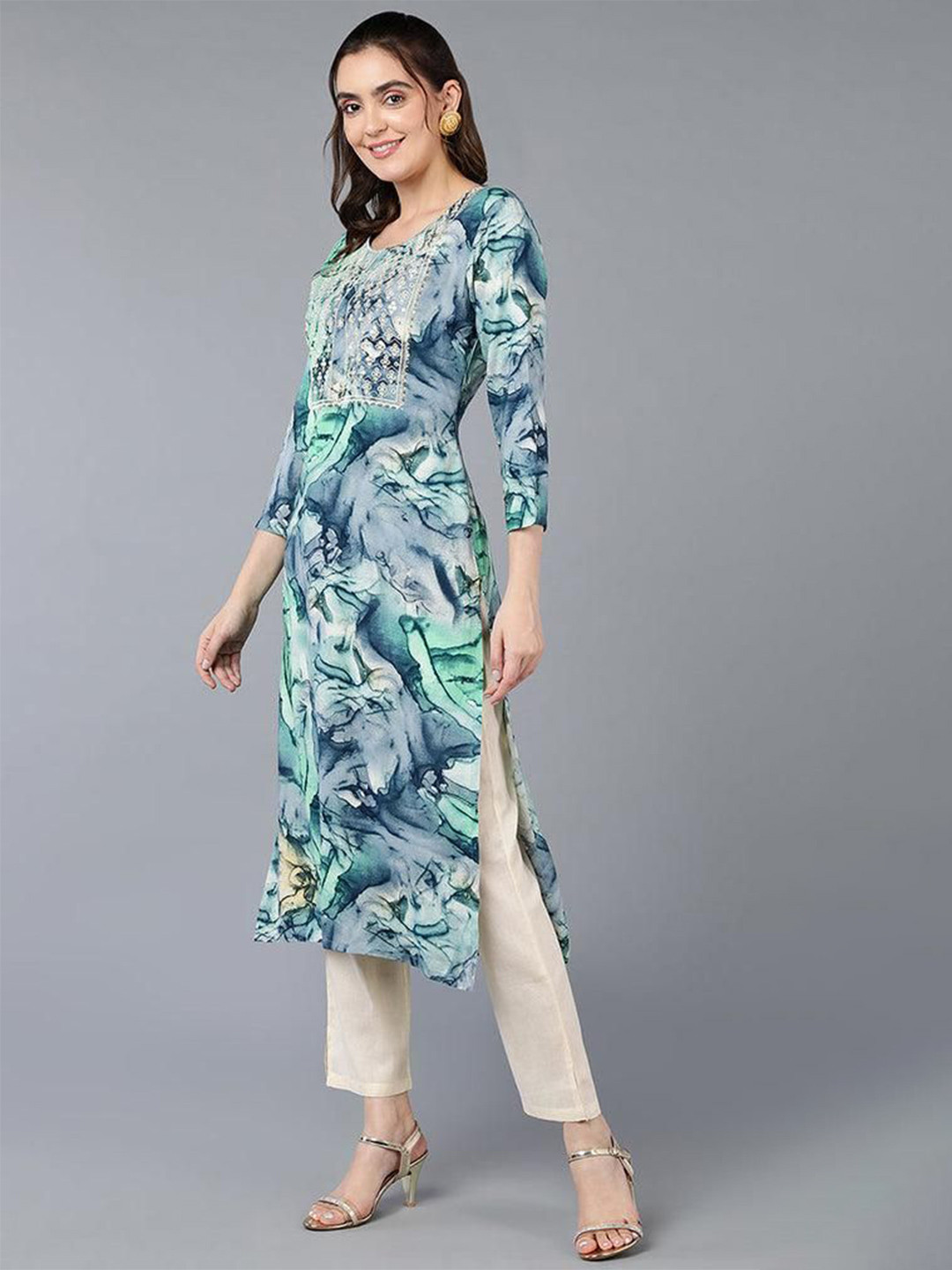 

KWEEN Printed Pure Cotton Straight Kurtas, Blue