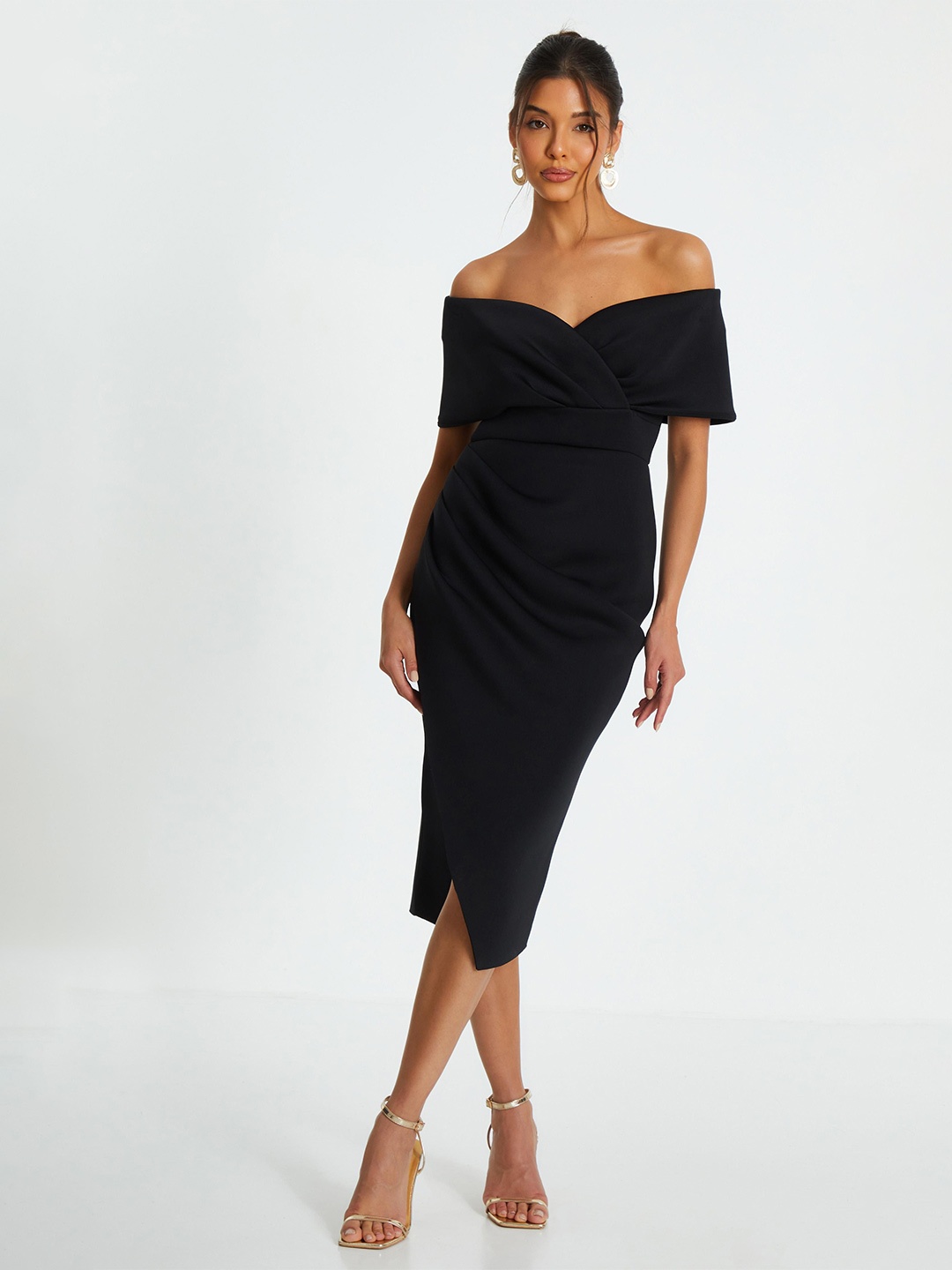 

QUIZ Off-Shoulder Bodycon Midi Dress, Black