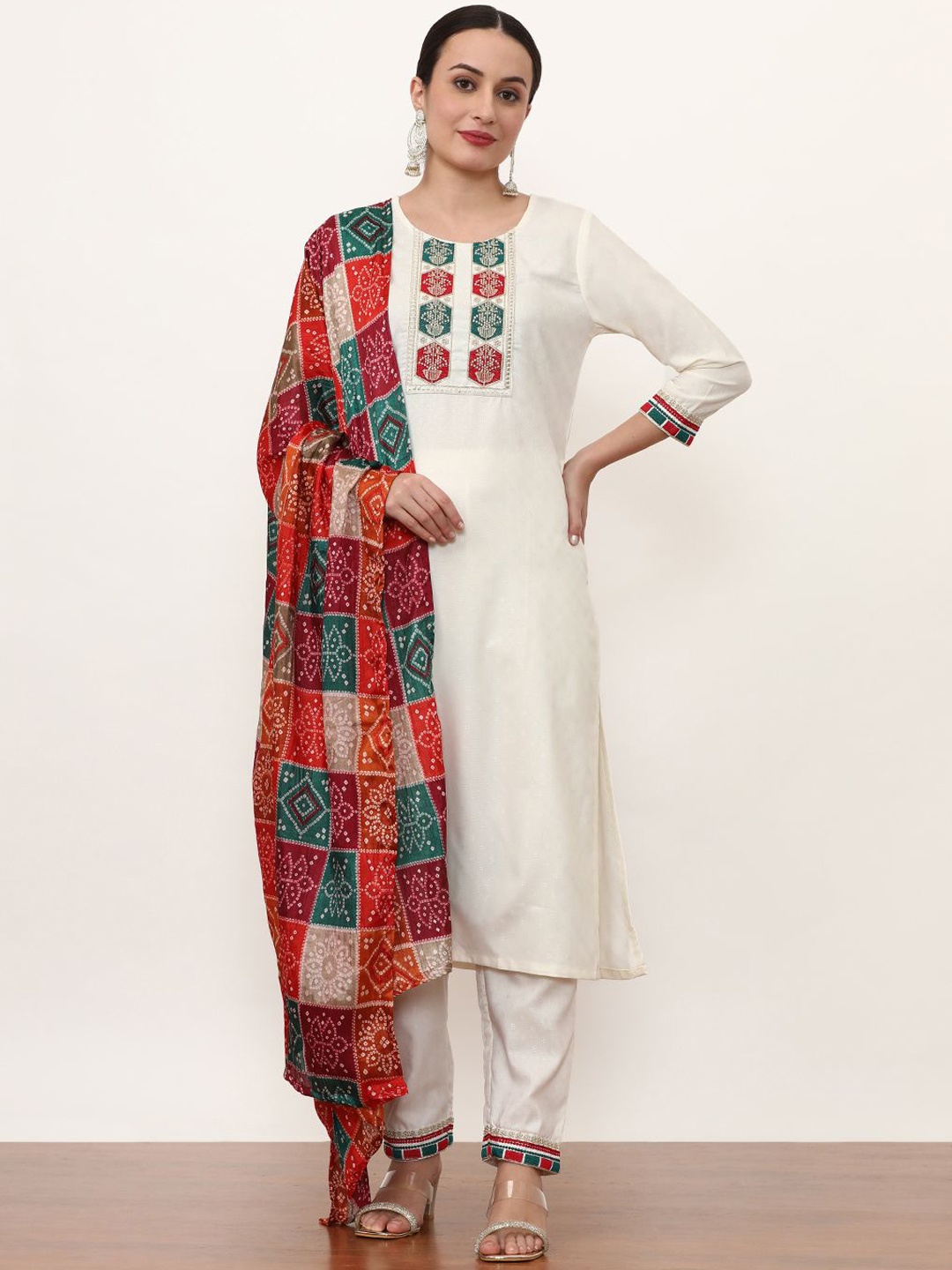 

Jaipur Kurti Women Ethnic Motifs Embroidered Regular Thread Work Kurta with Trousers & With Dupatta, White