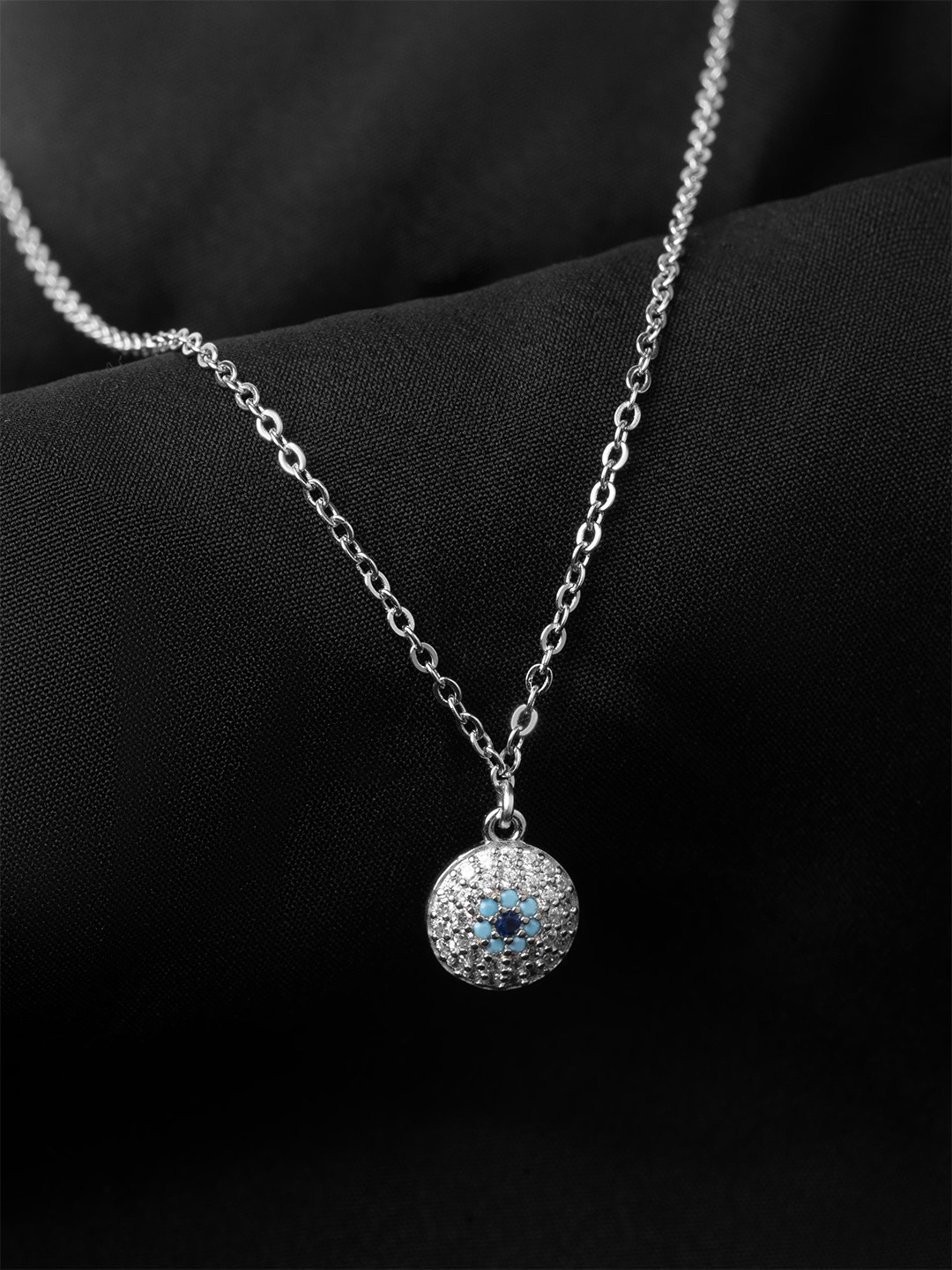 

Silverfied 925 Sterling Silver Rhodium-Plated Stone Studded Round Evil Eye Minimal Chain