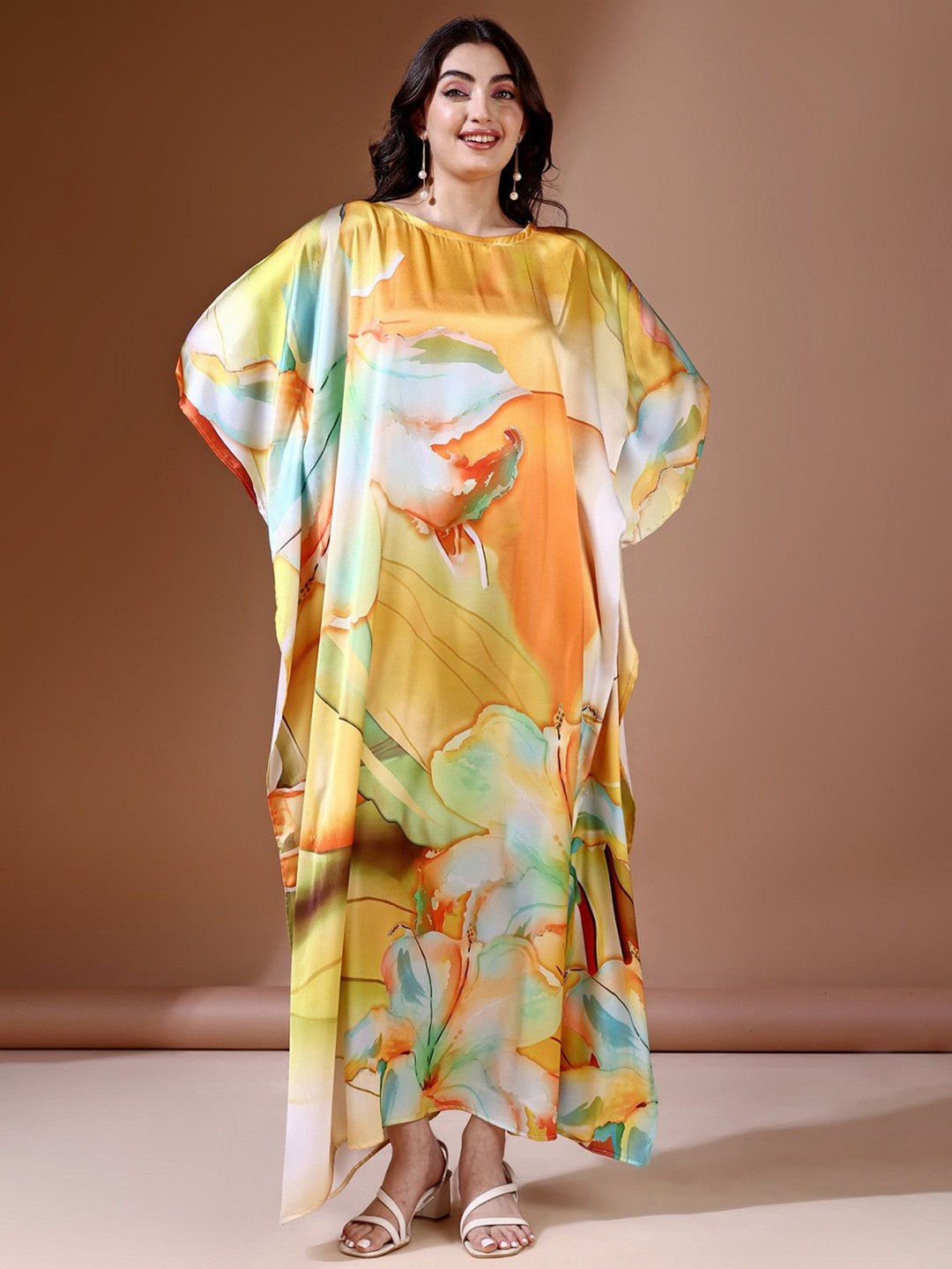 

Label Aarna Women Sunset Bloom Digital Print Soft Satin Kaftan, Yellow
