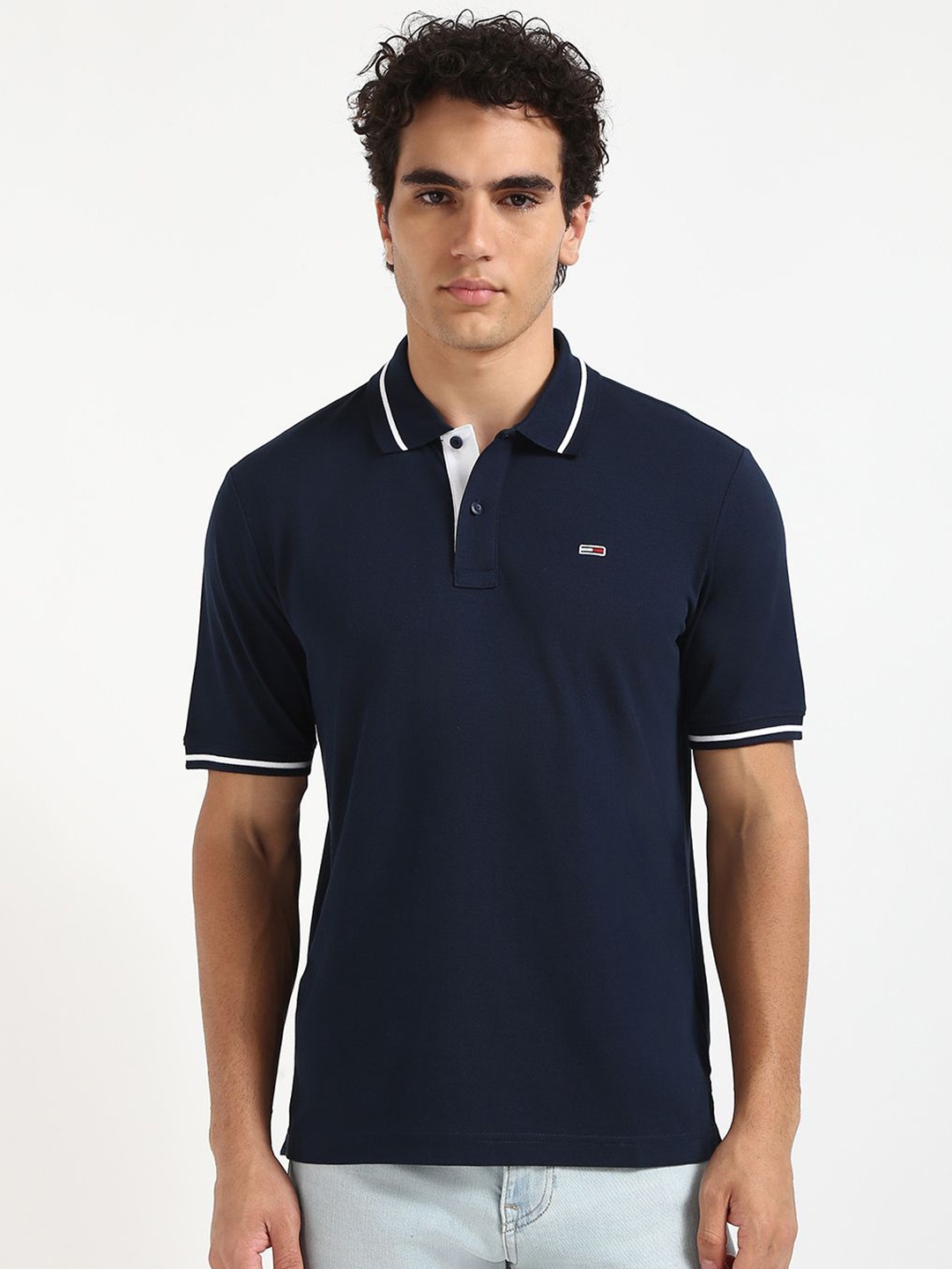 

Tommy Hilfiger Men Solid Polo Collar Cotton T-shirt, Navy blue