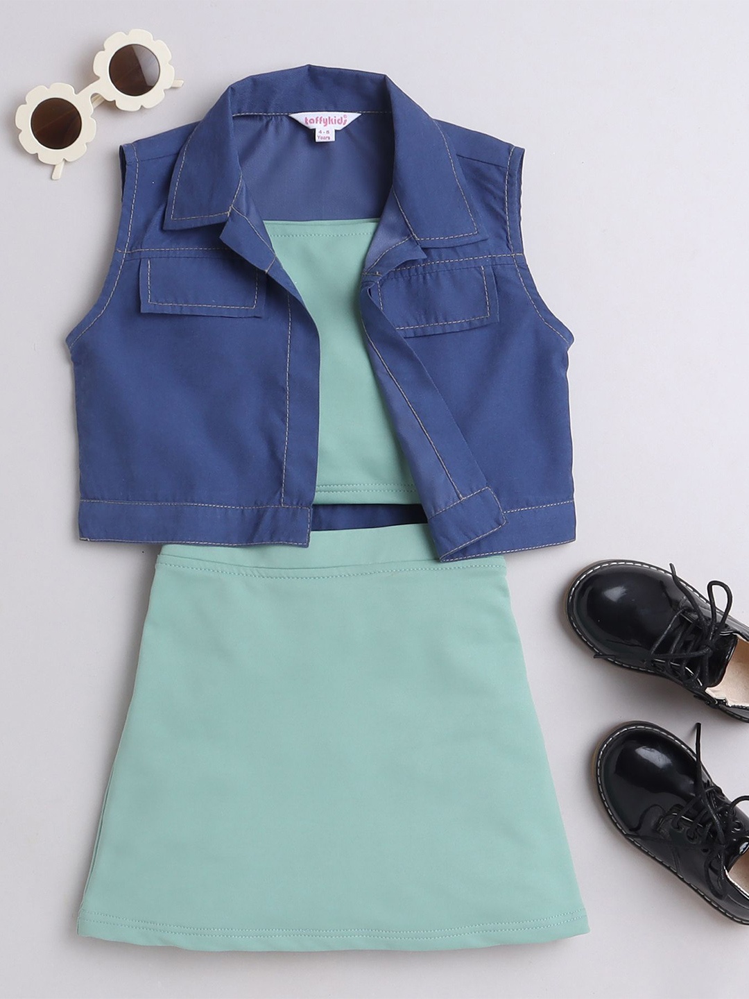 

taffykids Girls Shirt Collar Sleeveless Crop Top & Jacket With Skirt, Blue