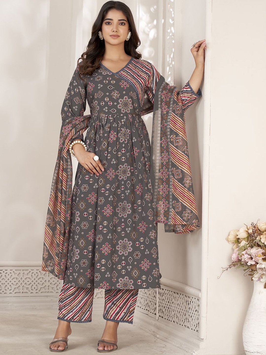 

KALINI Women Ethnic Motifs Printed Angrakha Kurta with Palazzos & With Dupatta, Grey