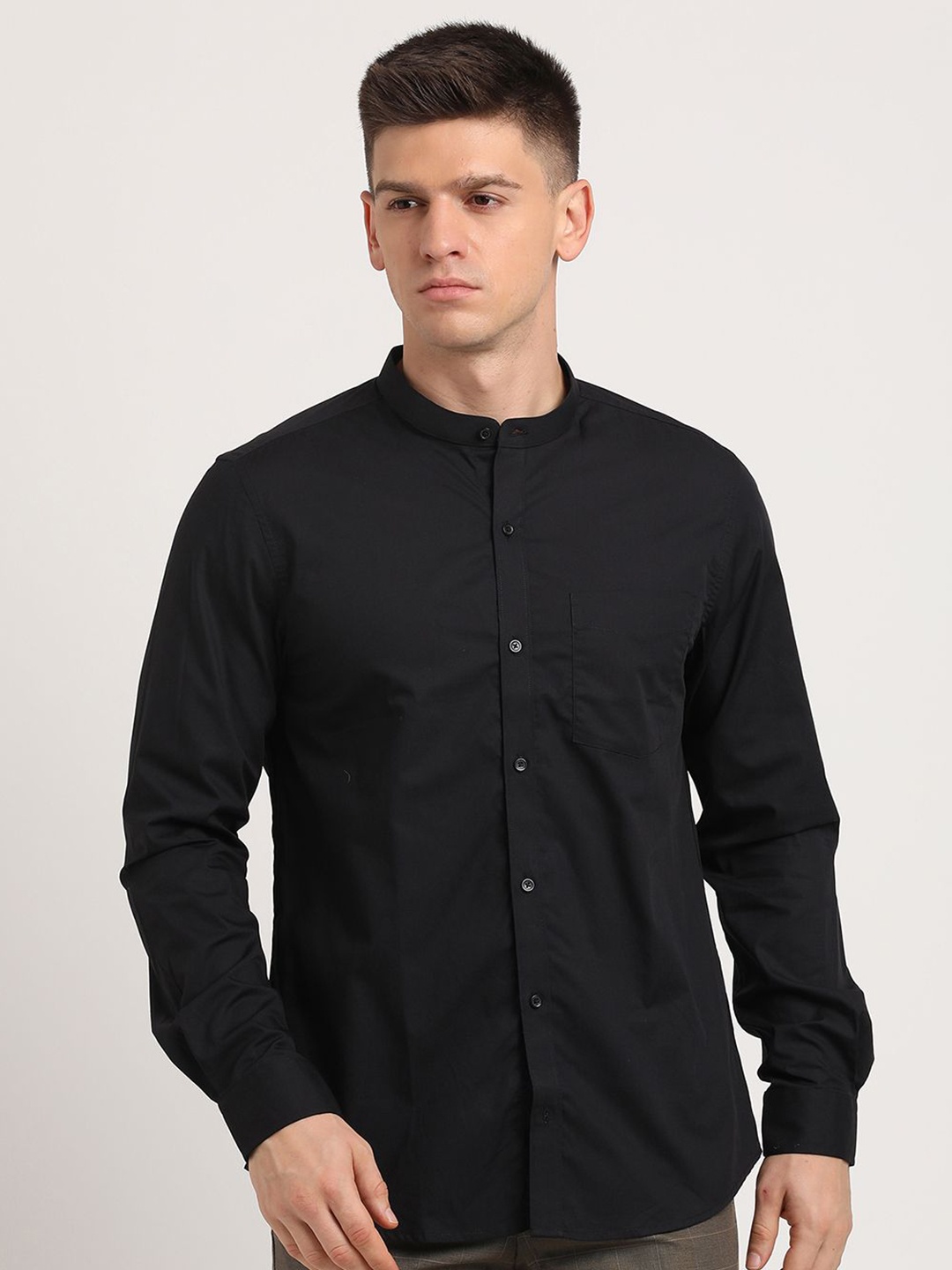 

Turtle Men Standard Band Collar Solid Cotton Formal Shirt, Black