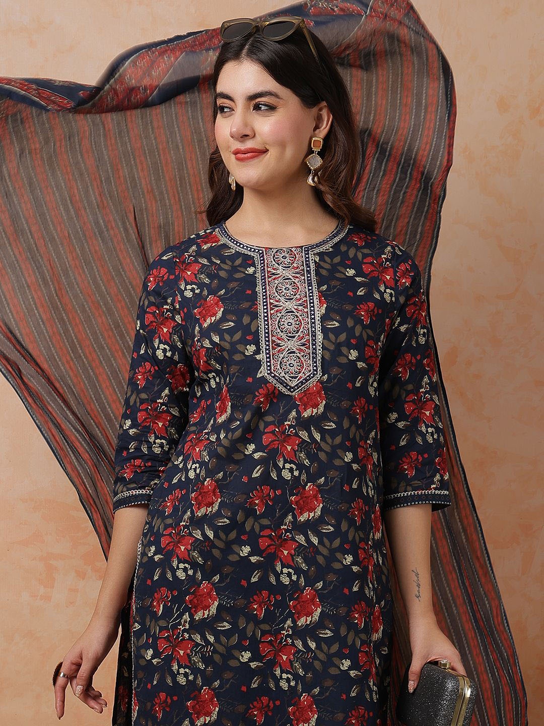 

Anouk Navy Blue Floral Printed Regular Thread Work Pure Cotton Kurta & Trousers & Dupatta