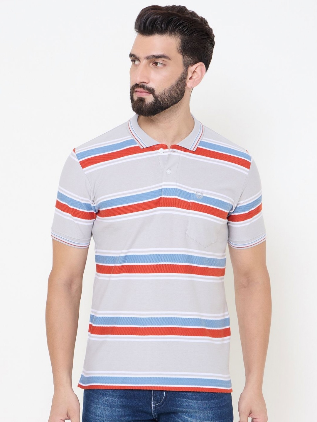 

Duke Men Striped Polo Collar Cotton T-shirt, Grey