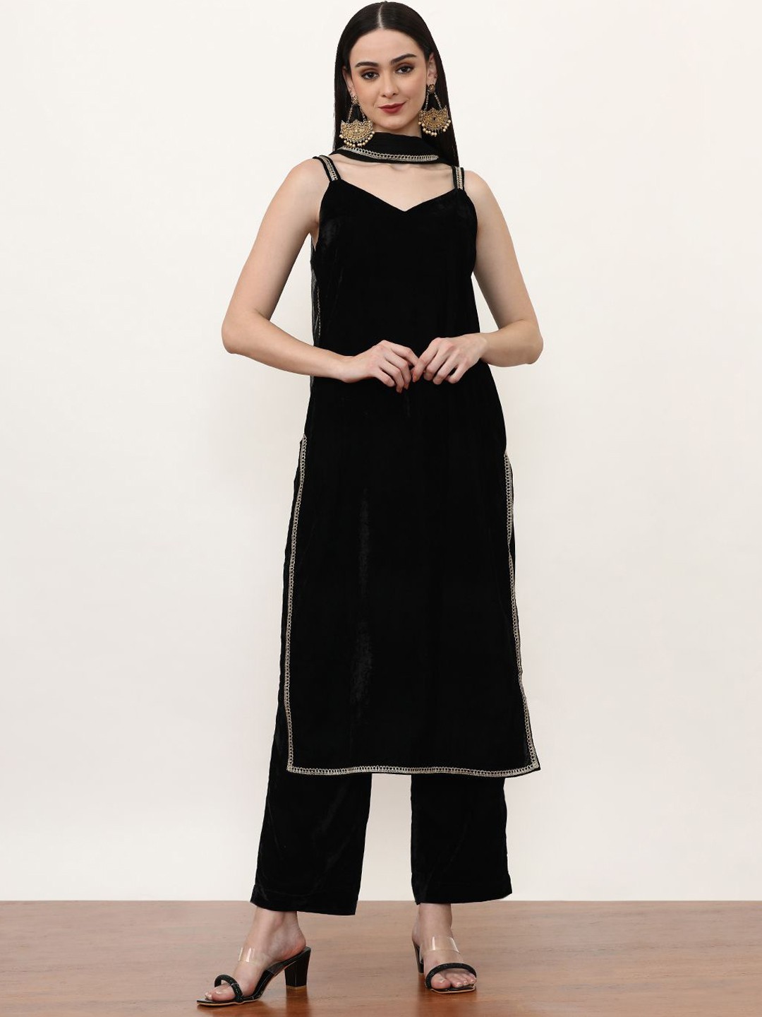 

Jaipur Kurti Black Shoulder Straps Velvet Straight Kurta With Trousers & Dupatta