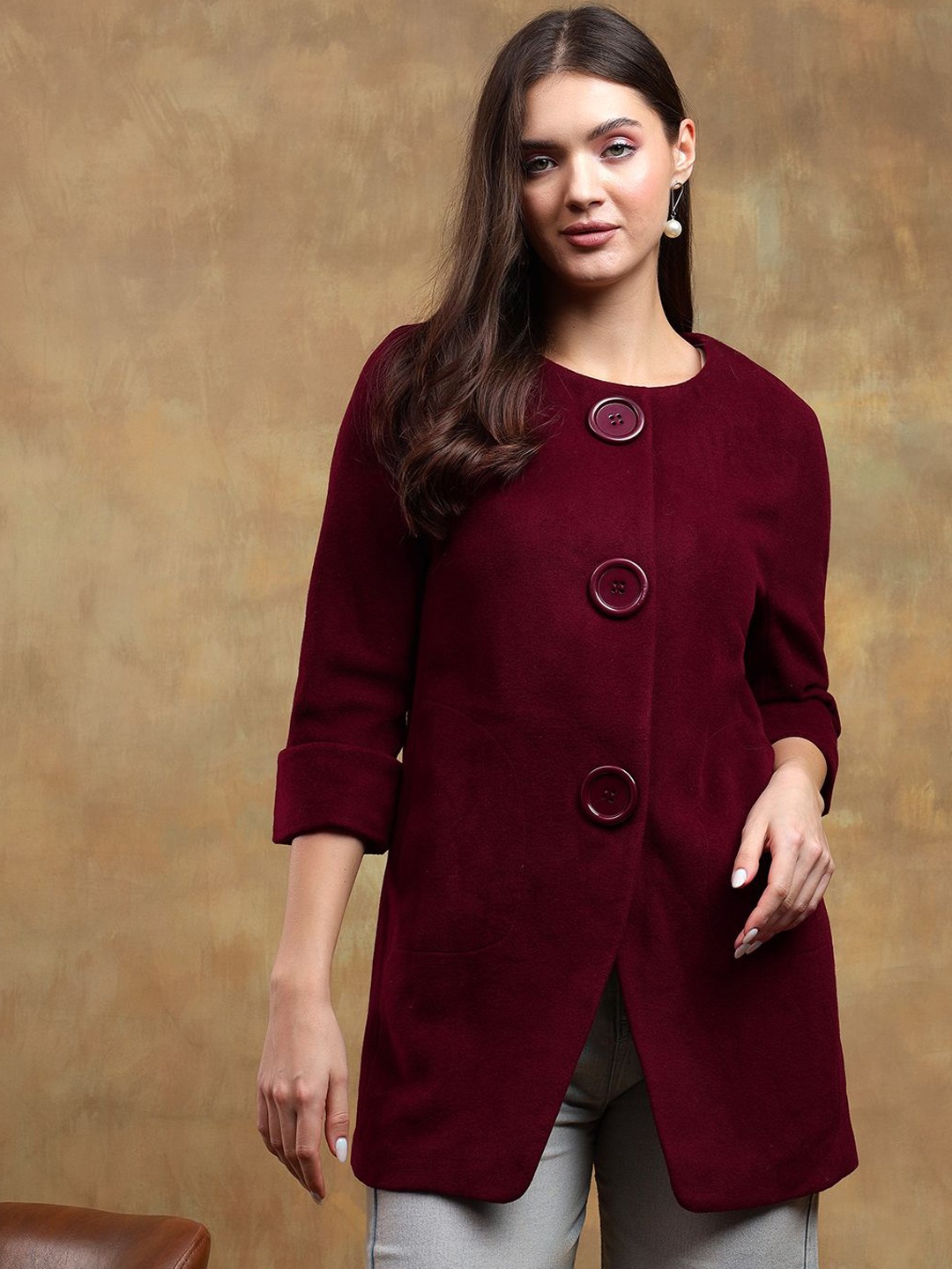 

Stylecast X Kotty Women Round Neck Single-Breasted Overcoat, Maroon