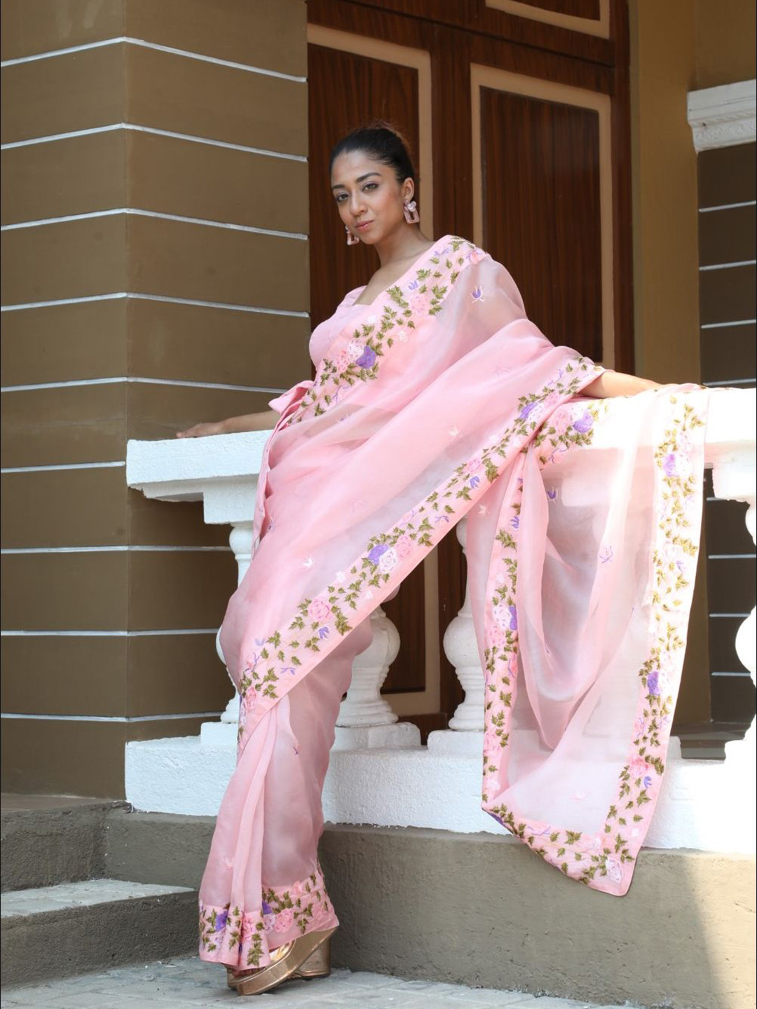

House of Deepthi Floral Embroidered Organza Saree, Pink