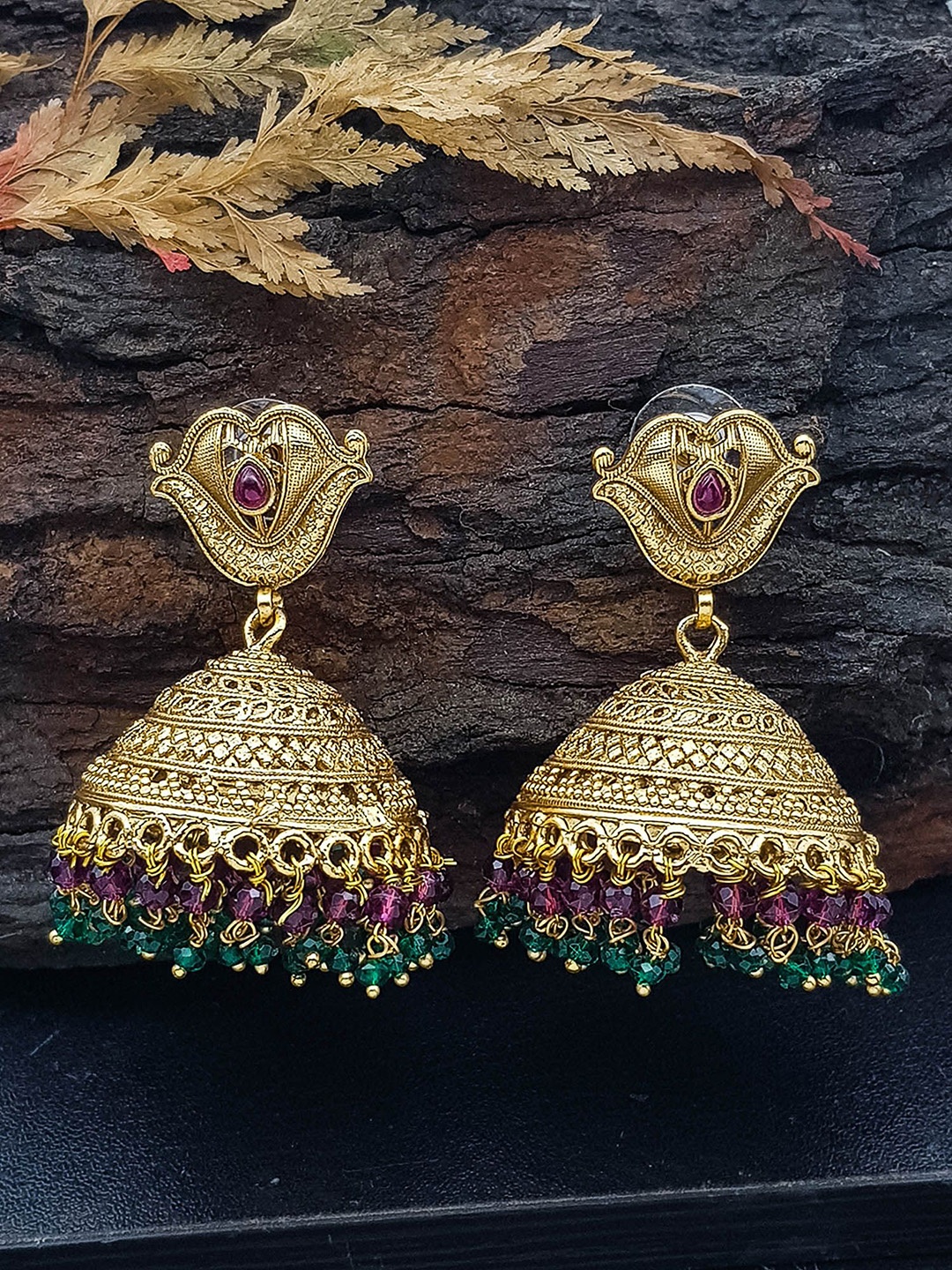 

GRIIHAM Gold-Plated American Diamond & Beaded Dome Shaped Temple Design Jhumkas