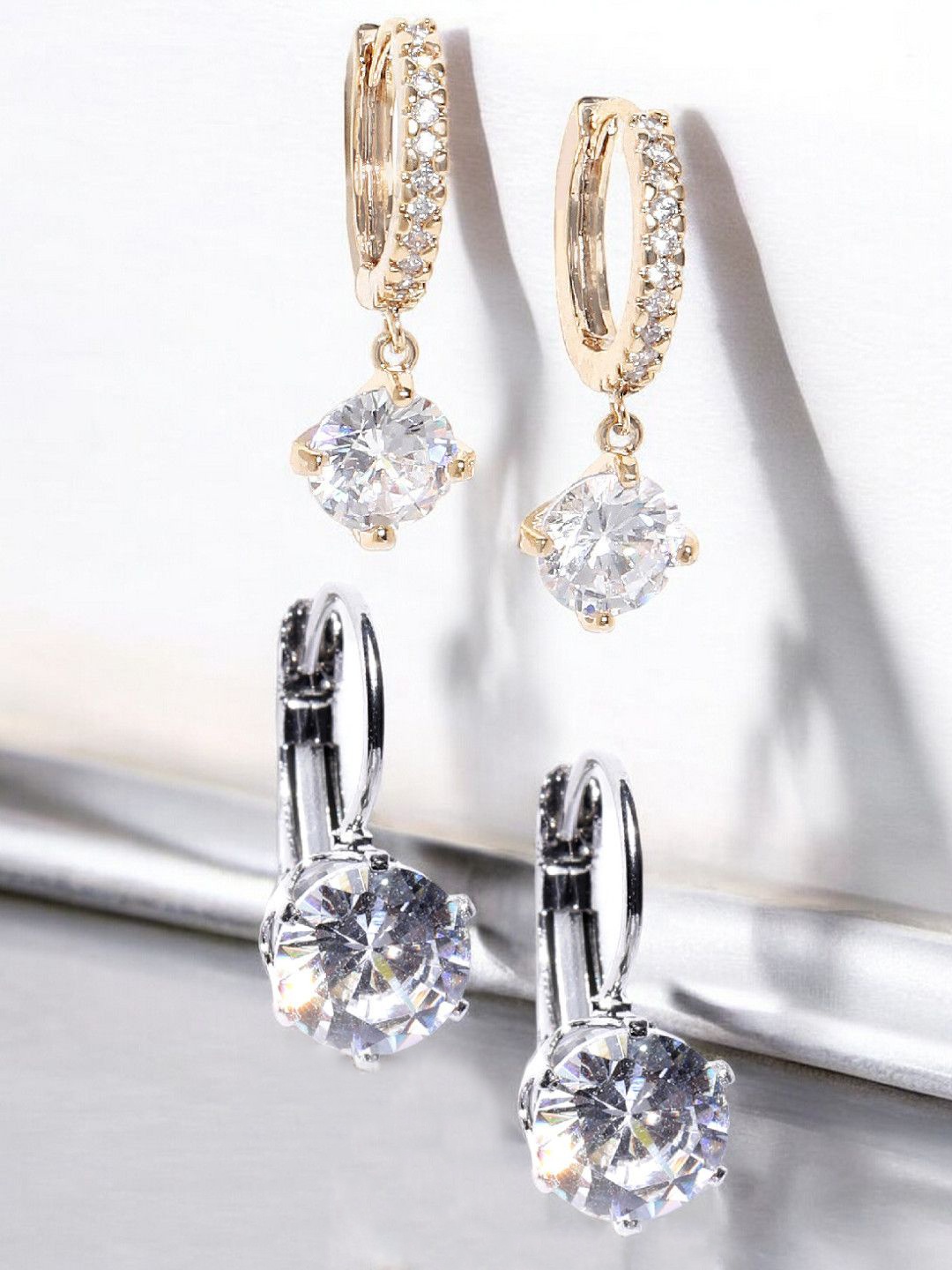 

DressBerry Set Of 2 Cubic Zirconia Studded Contemporary Drop Earrings, Gold