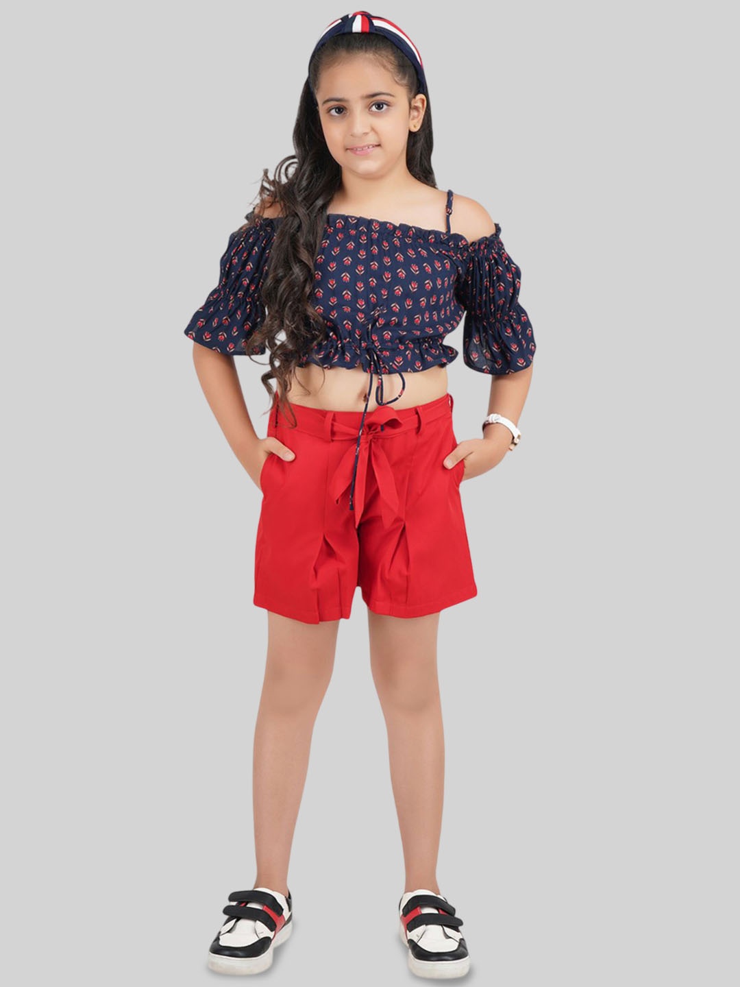 

BEING NAUGHTY Girls Printed Off-Shoulder Top With Shorts, Navy blue