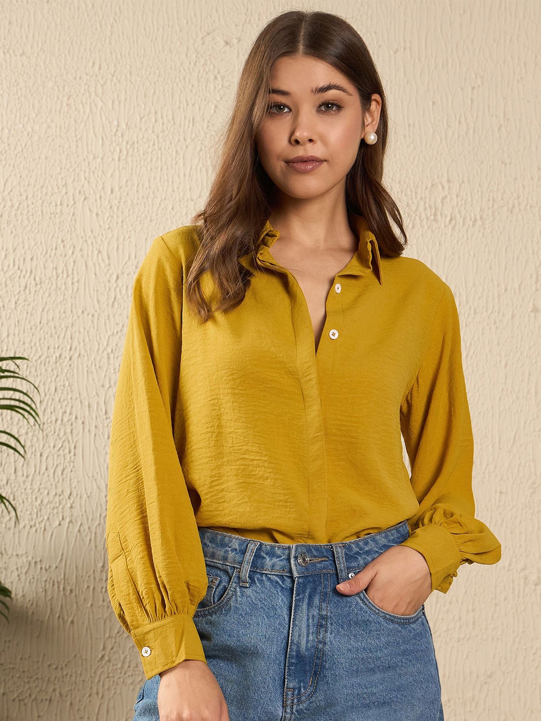 

The Roadster Lifestyle Co. Women Spread Collar Textured Casual Shirt, Yellow